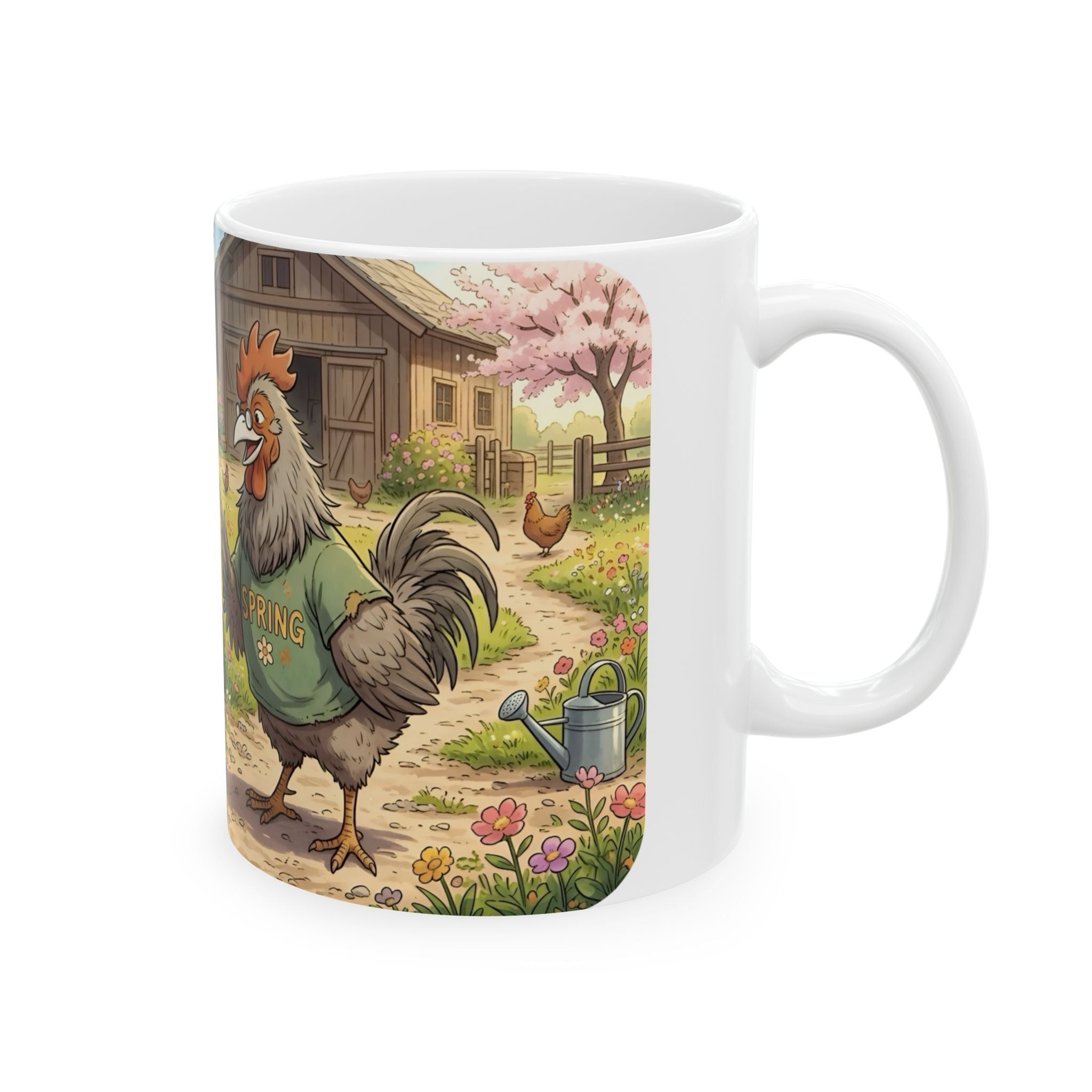 Spring Rooster & Chickens White Ceramic Mug — Cute & Cozy Country Farm Tea Cup (11oz/15oz)