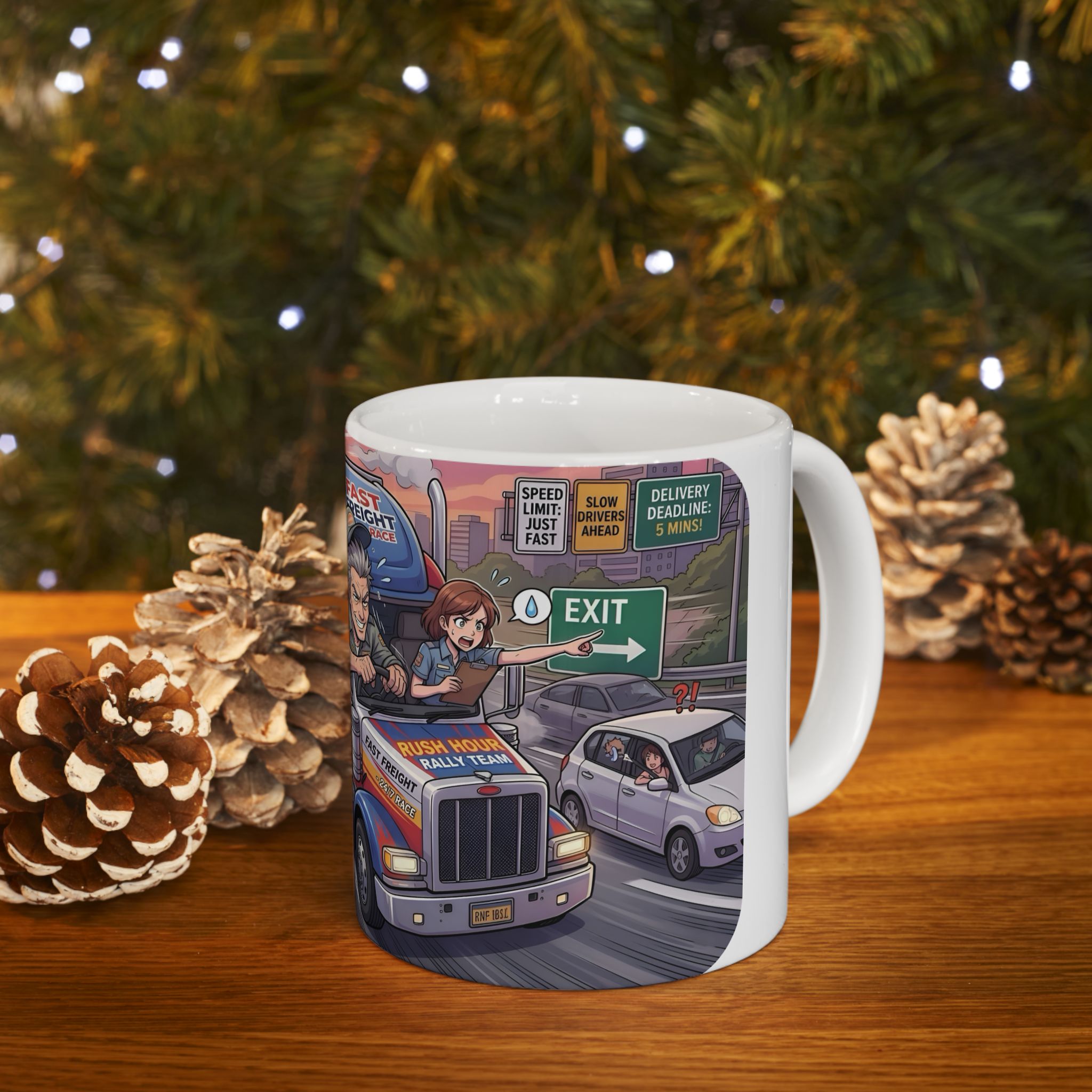 Trucker Life White Ceramic Mug – 'Fast Freight' Big Rig Tea Cup (11oz/15oz)
