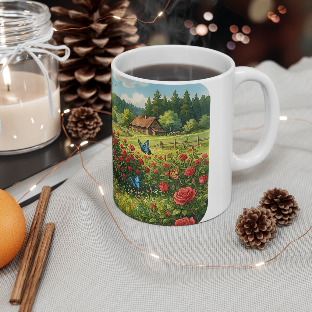 Scenic Countryside White Ceramic Mug — Floral Garden & Butterflies 11oz/15oz