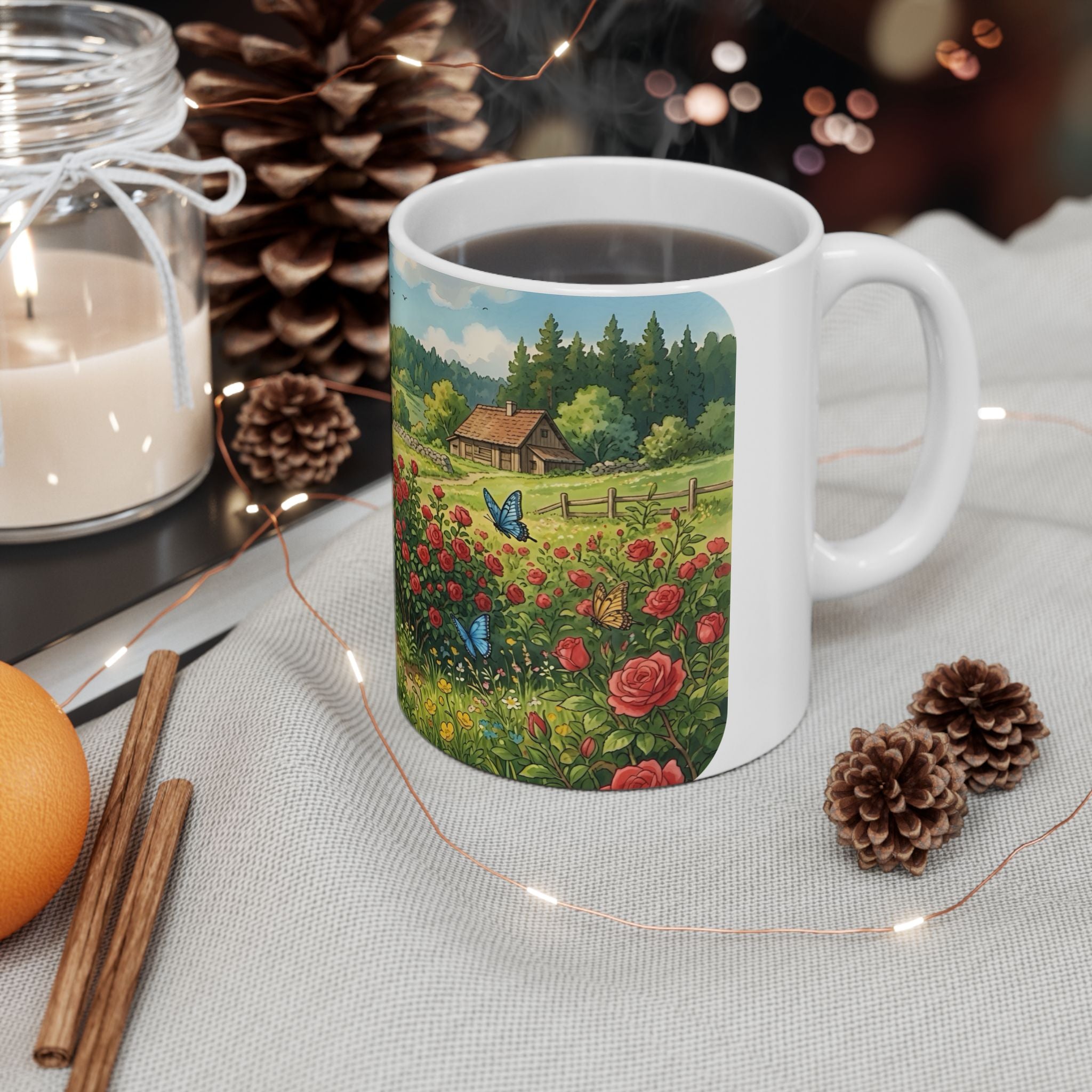 Scenic Countryside White Ceramic Mug — Floral Garden & Butterflies 11oz/15oz