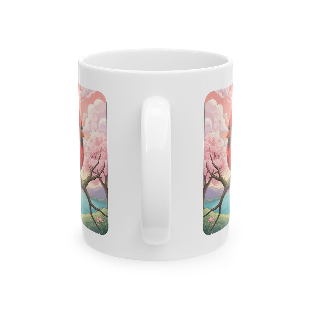 Kawaii Red Cardinal Quiet Moments White Ceramic Mug in Sakura Japan, Cozy Sakura Serenity Japanese Cherry Blossom Landscape Cup, 11oz & 15oz