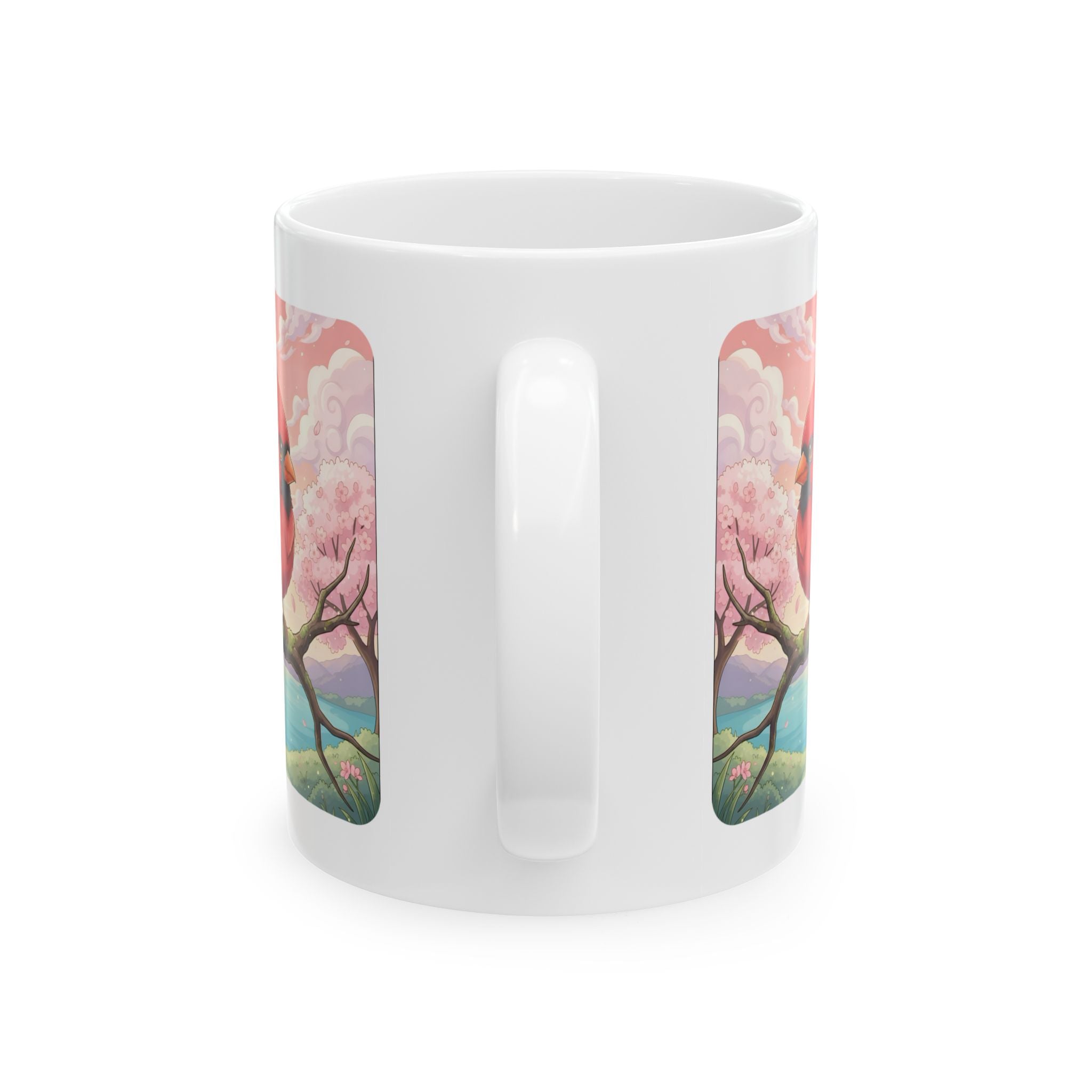 Kawaii Red Cardinal Quiet Moments White Ceramic Mug in Sakura Japan, Cozy Sakura Serenity Japanese Cherry Blossom Landscape Cup, 11oz & 15oz