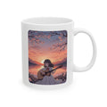 Little Melody Anime Sunset Reflections White Ceramic Mug — Scenic Cherry Blossom Mountain Lake Guitar Cup (11oz, 15oz)