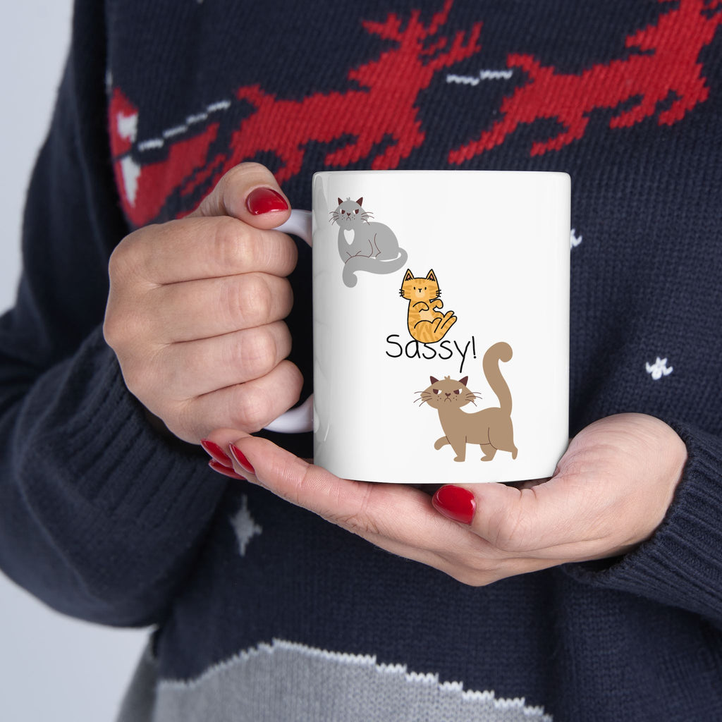 Sassy Cats White Ceramic Mug — Cute Felines Tea Cup (11oz, 15oz)