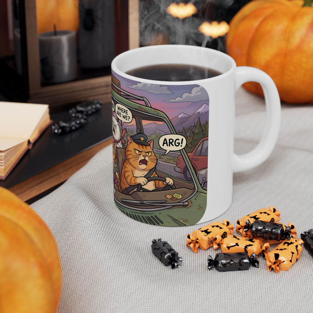 Squabbling Cats On A Road Trip White Ceramic Mug (11oz/15oz), Funny Cat'n Get Along Cup