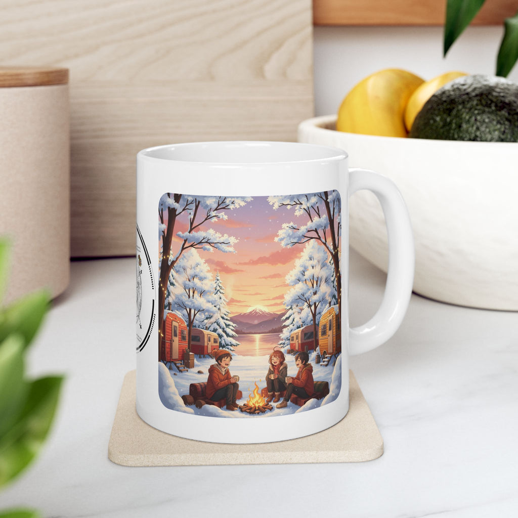 Autumn Leaves & Winter Snow Sunset White Ceramic Mug — Cozy Camping Fall & Winter Cottagecore Cup (11oz & 15oz)