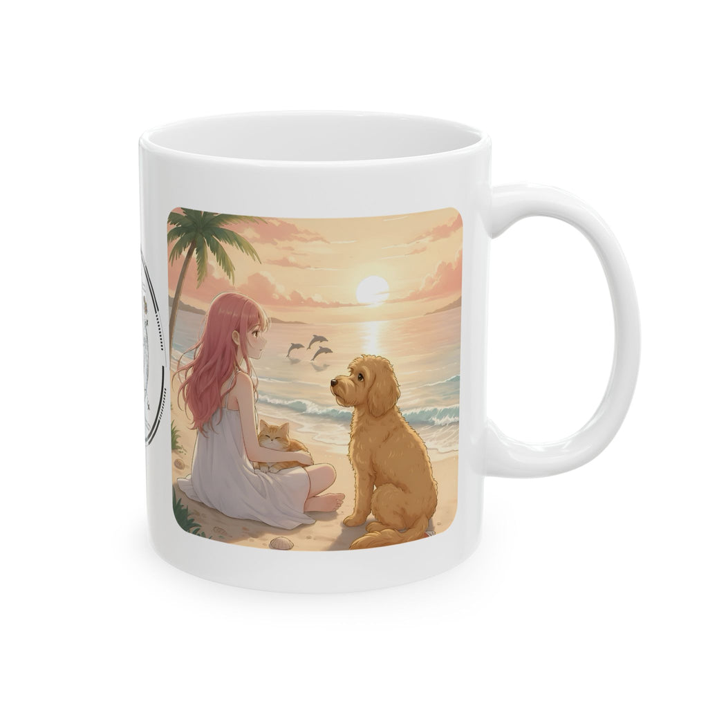Goldendoodle Dog Orange Cat Sunset & Sunflower White Ceramic Mug — Peaceful Waves Anime Girl Boho Beach Vibes Cup (11oz, 15oz)