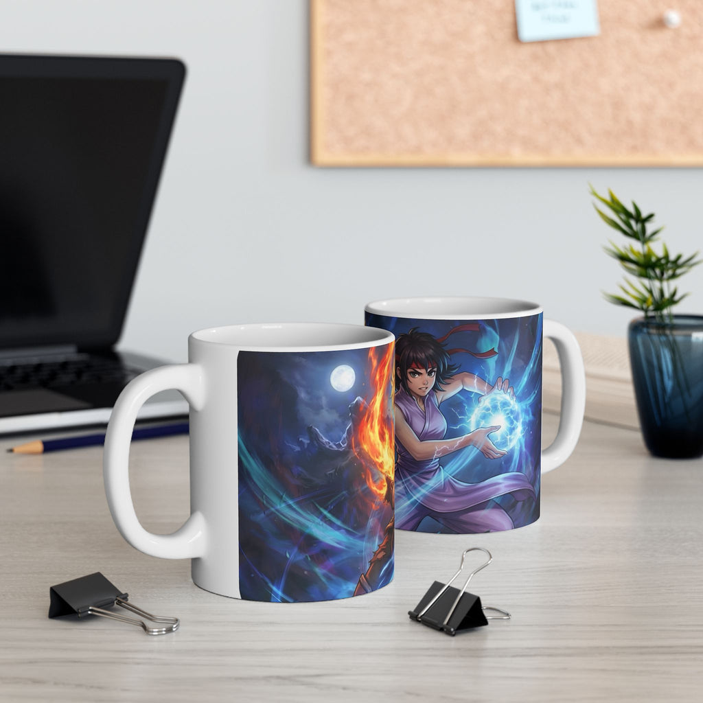 Anime Elemental Battle Duo #3 White Ceramic Mug — Fire And Lightning Gamers' Adventure(11oz, 15oz)