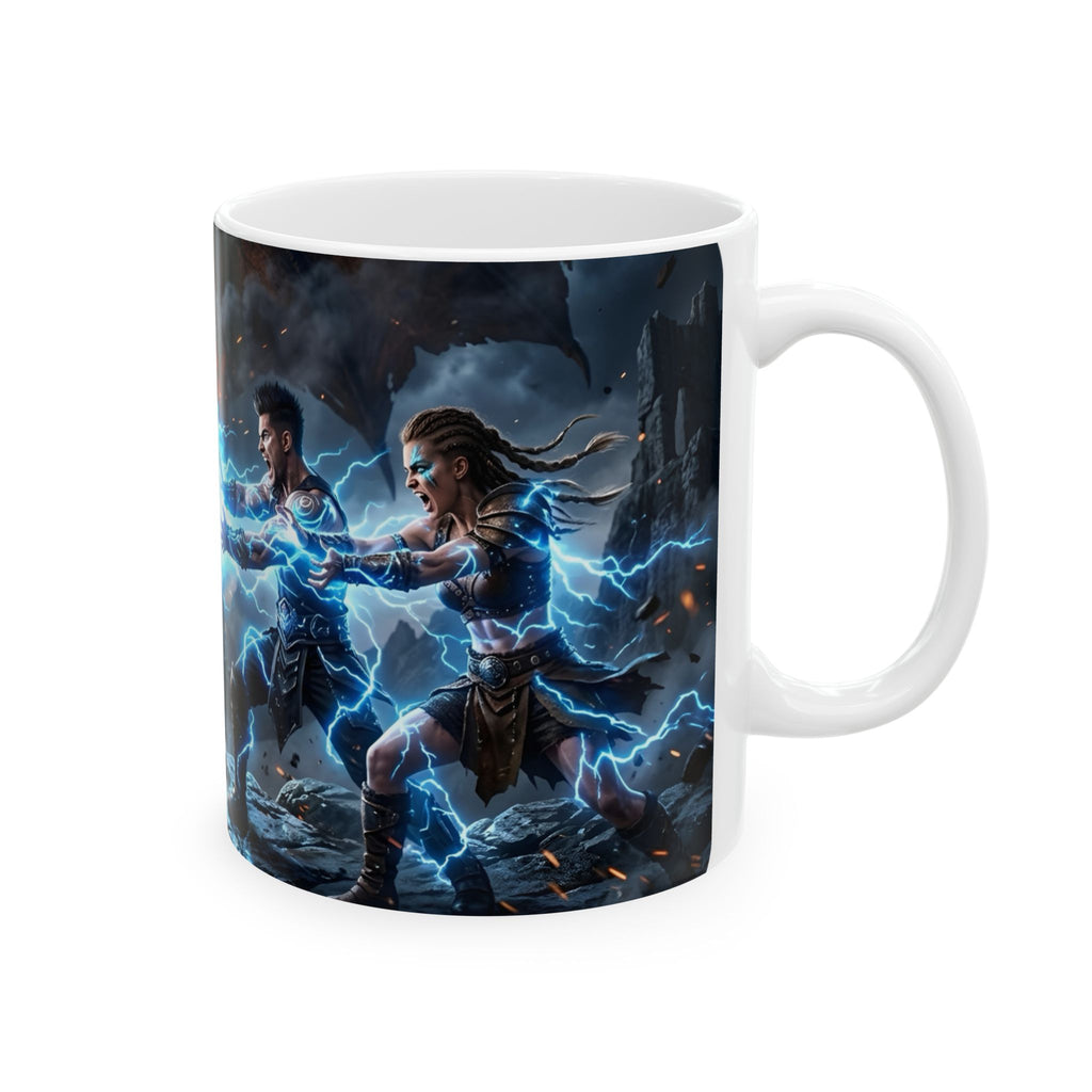 Dragon Battle #1 White Ceramic Mug — Epic Fantasy Gaming Adventure Scene (11oz, 15oz)