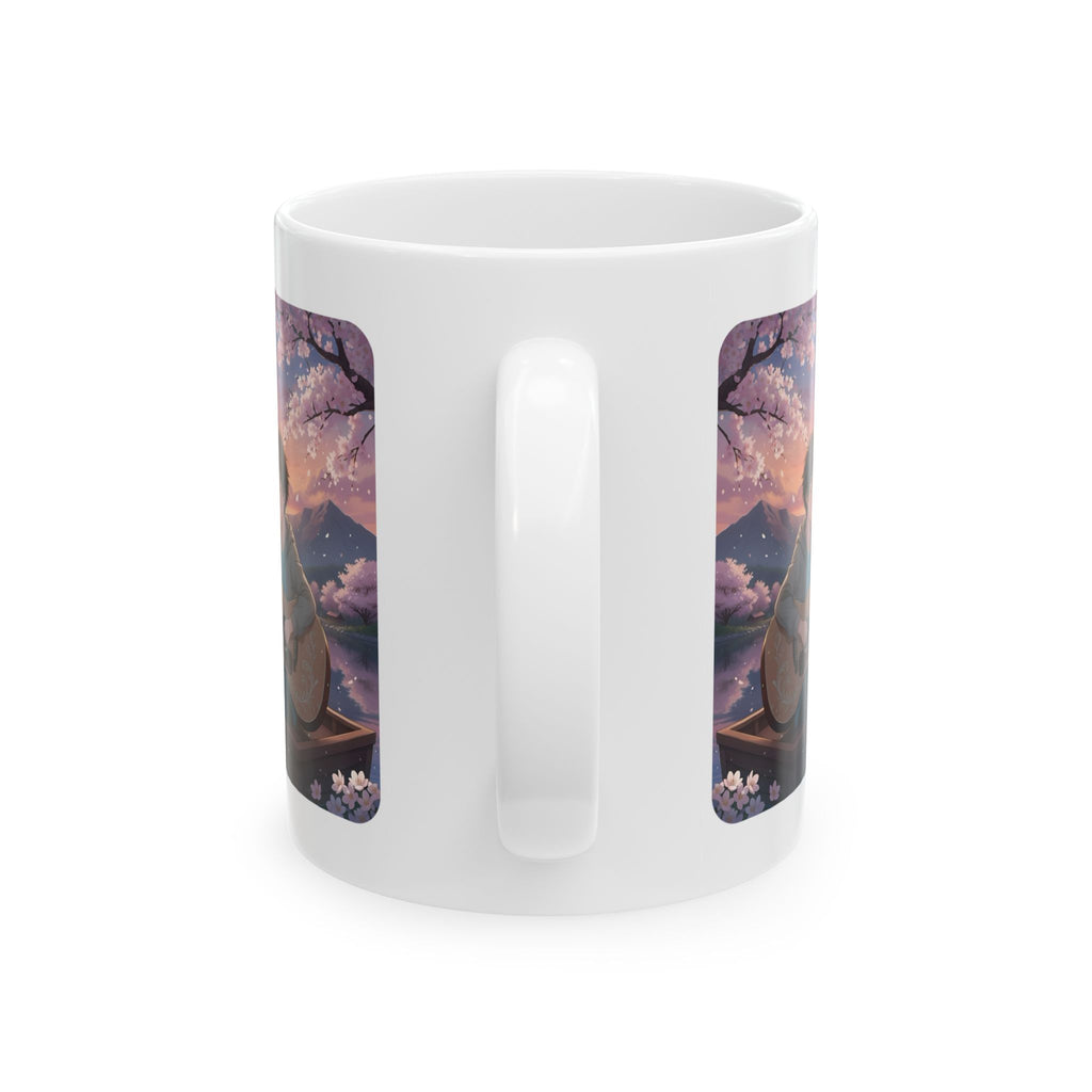 Guitarist & Cat Sunset Lake White Ceramic Mug — Tranquil Nature Music Scene (11oz, 15oz)