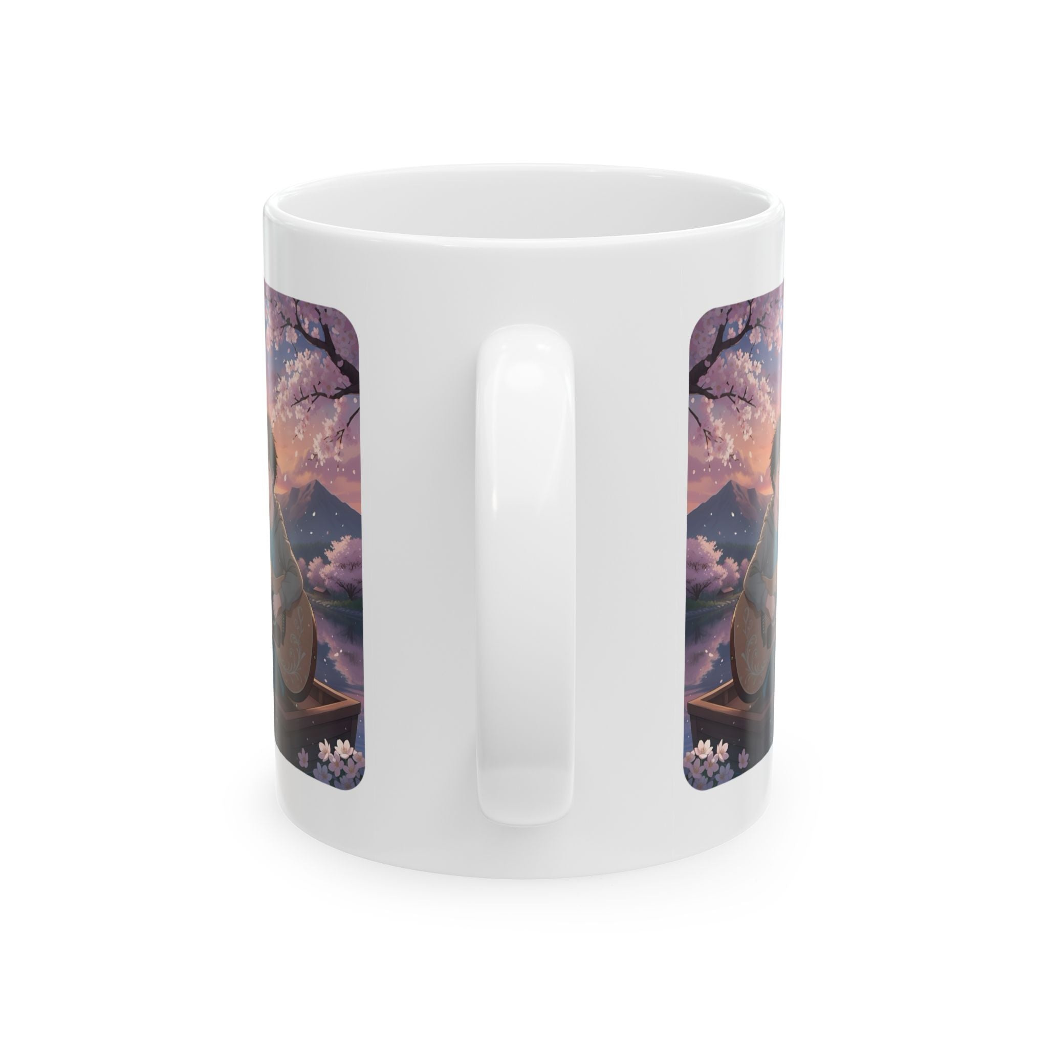 Guitarist & Cat Sunset Lake White Ceramic Mug — Tranquil Nature Music Scene (11oz, 15oz)