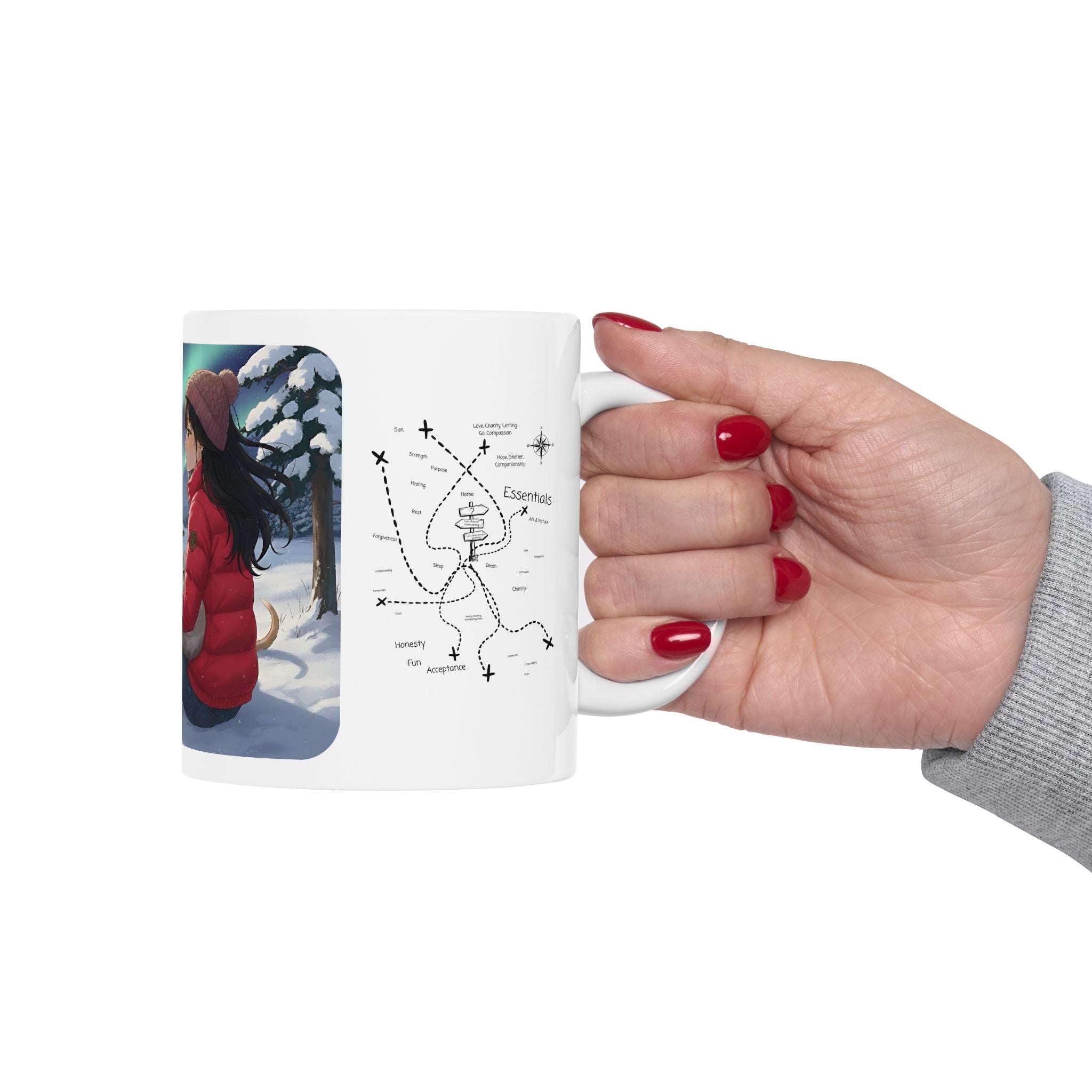 Cozy Winter Night Sky & Reindeer Charm Anime White Ceramic Mug — Greyhound & Siberian Cat under Northern Lights Cup (11oz, 15oz)