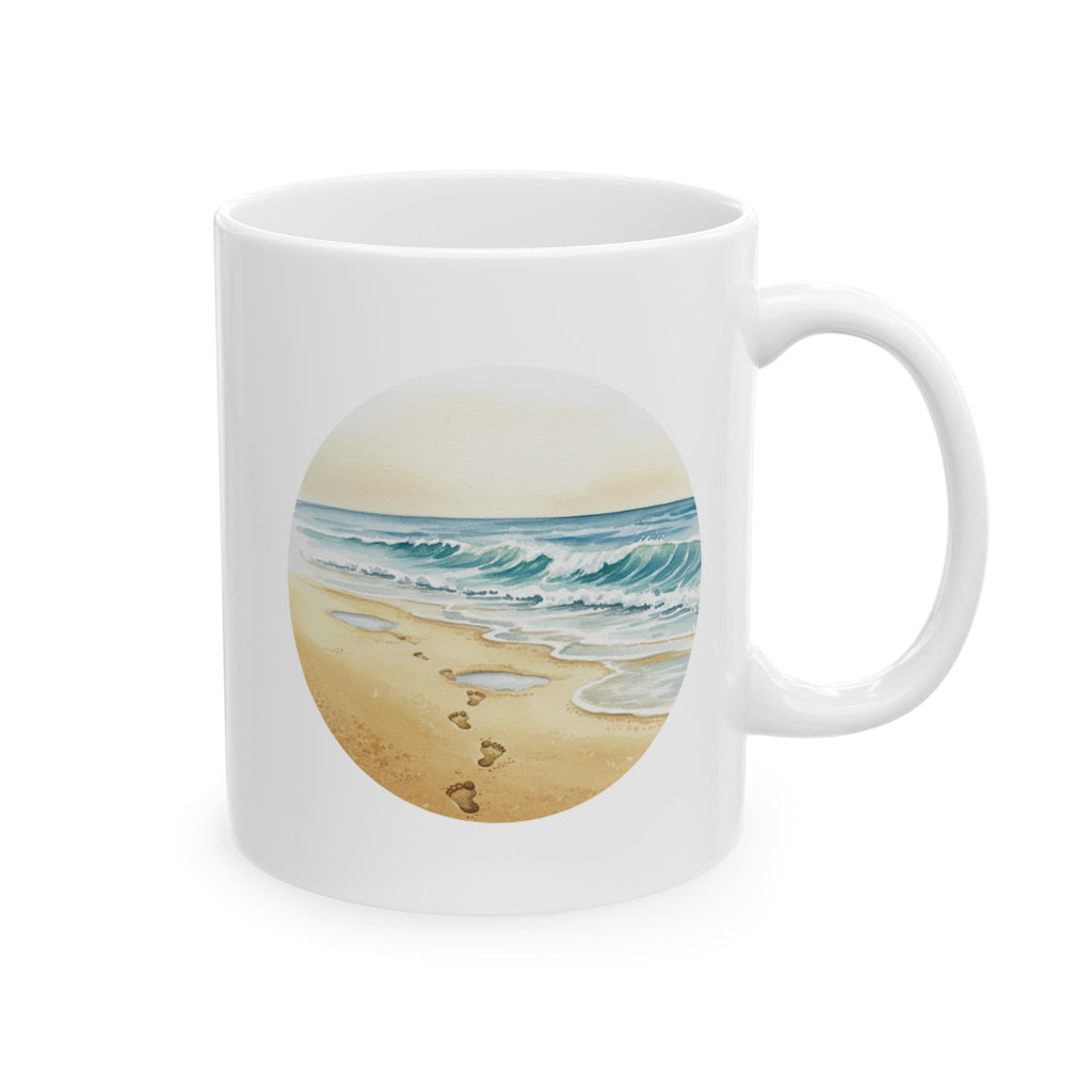 Sea Shore With Footprints In The Sand White Ceramic Mug — Beach Waves Getaway To Tranquility (11oz & 15oz)