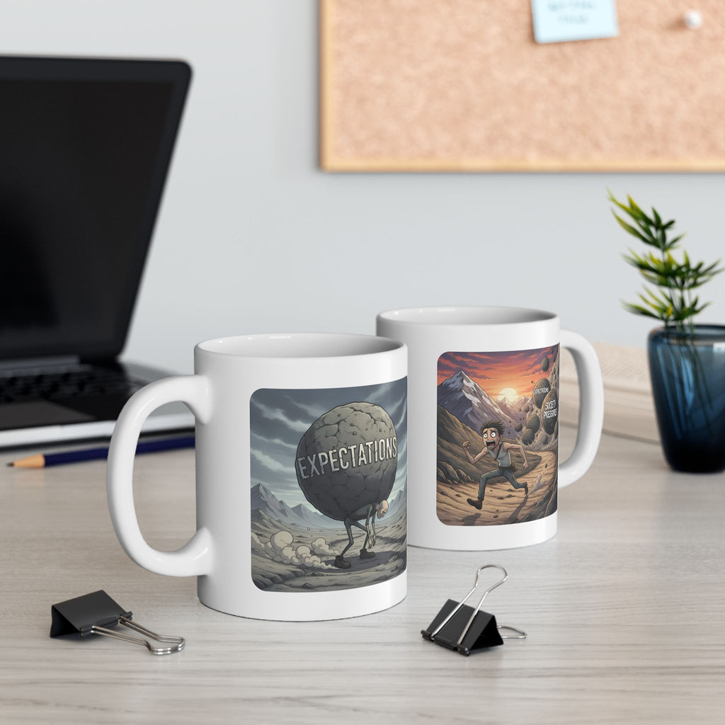 Unbreakable Men Overcoming Life's Burdens White Ceramic Mug, (11oz, 15oz), Common Threads Resilience Strength Cup