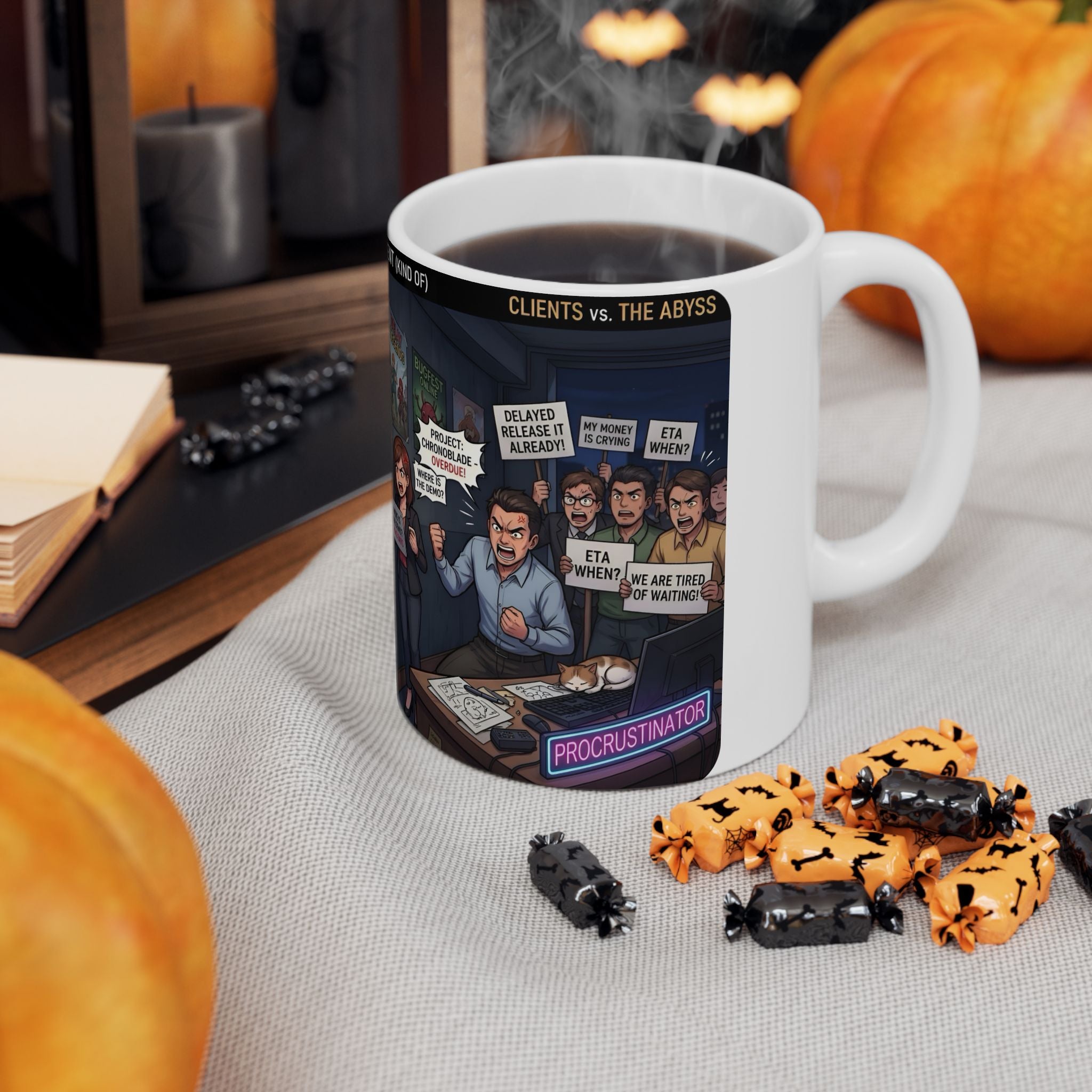 Indie Game Developer Life White Ceramic Mug — Funny Gaming Studio Office Cup, 11oz & 15oz