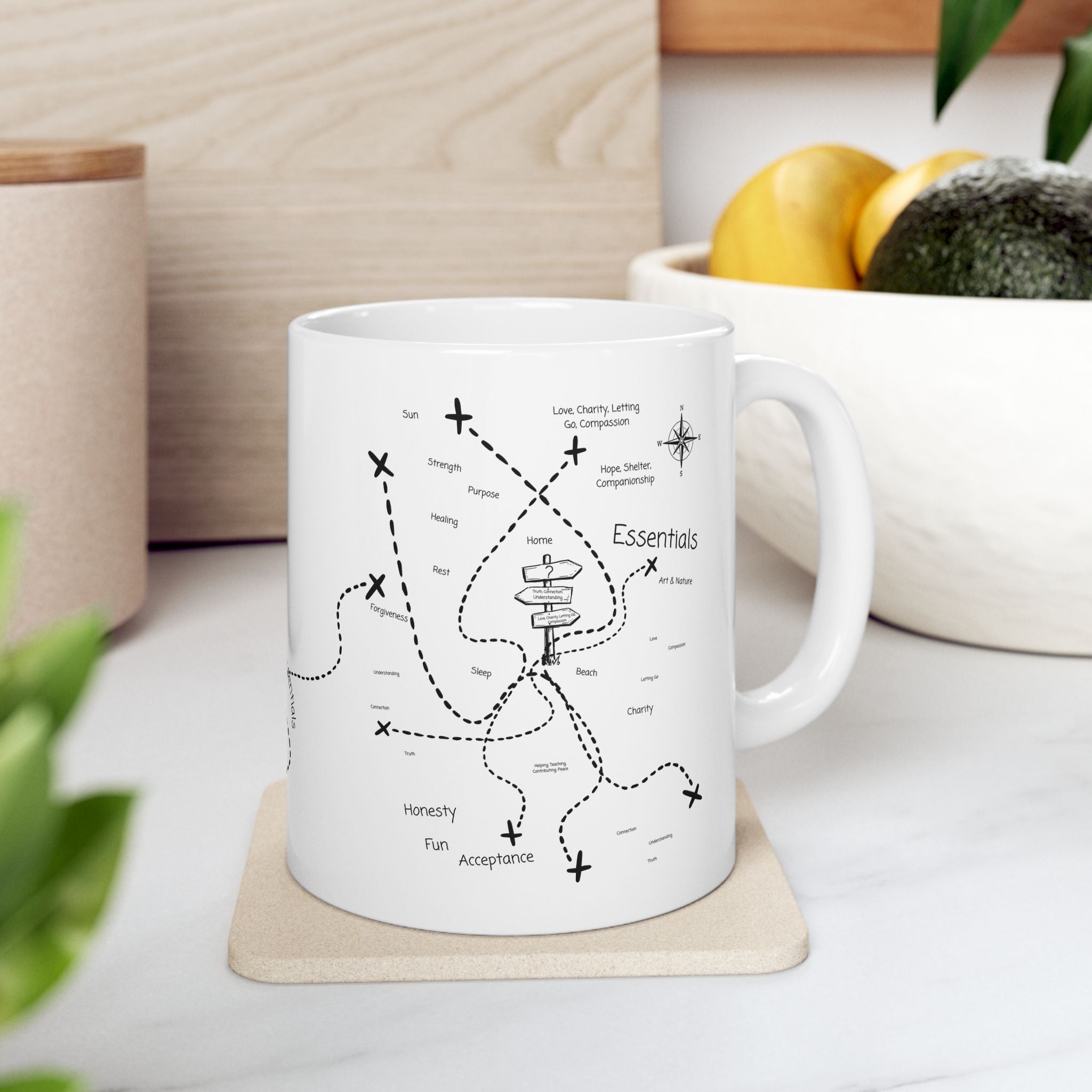 The Essentials Adventure Map #1 White Ceramic Mug — Nautical Compass Life & Treasure Trail Cup (11oz/15oz)