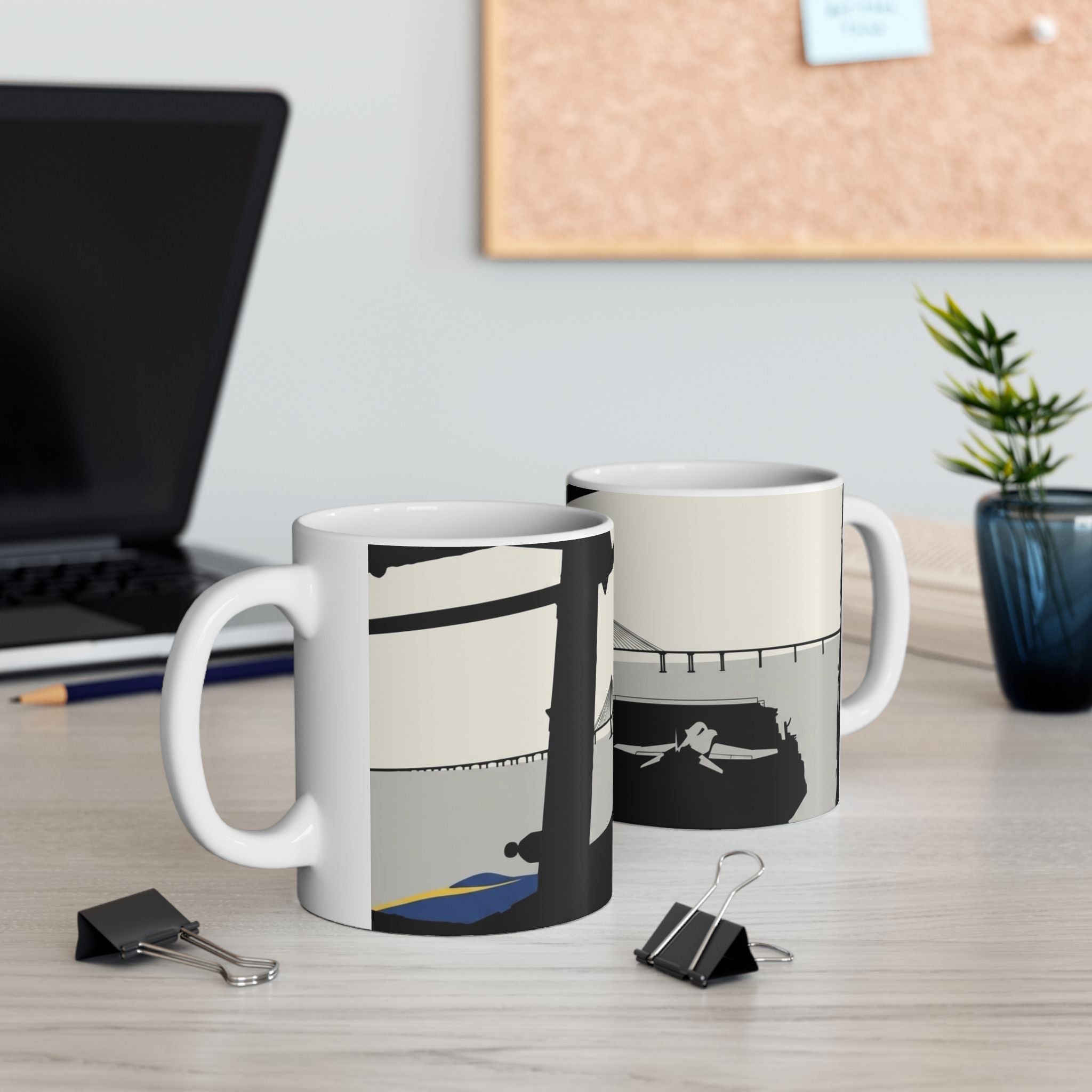 City Bridge Silhouette Scenic White Ceramic Mug – Waterfront Battleship View Cup (11 oz, 15 oz)