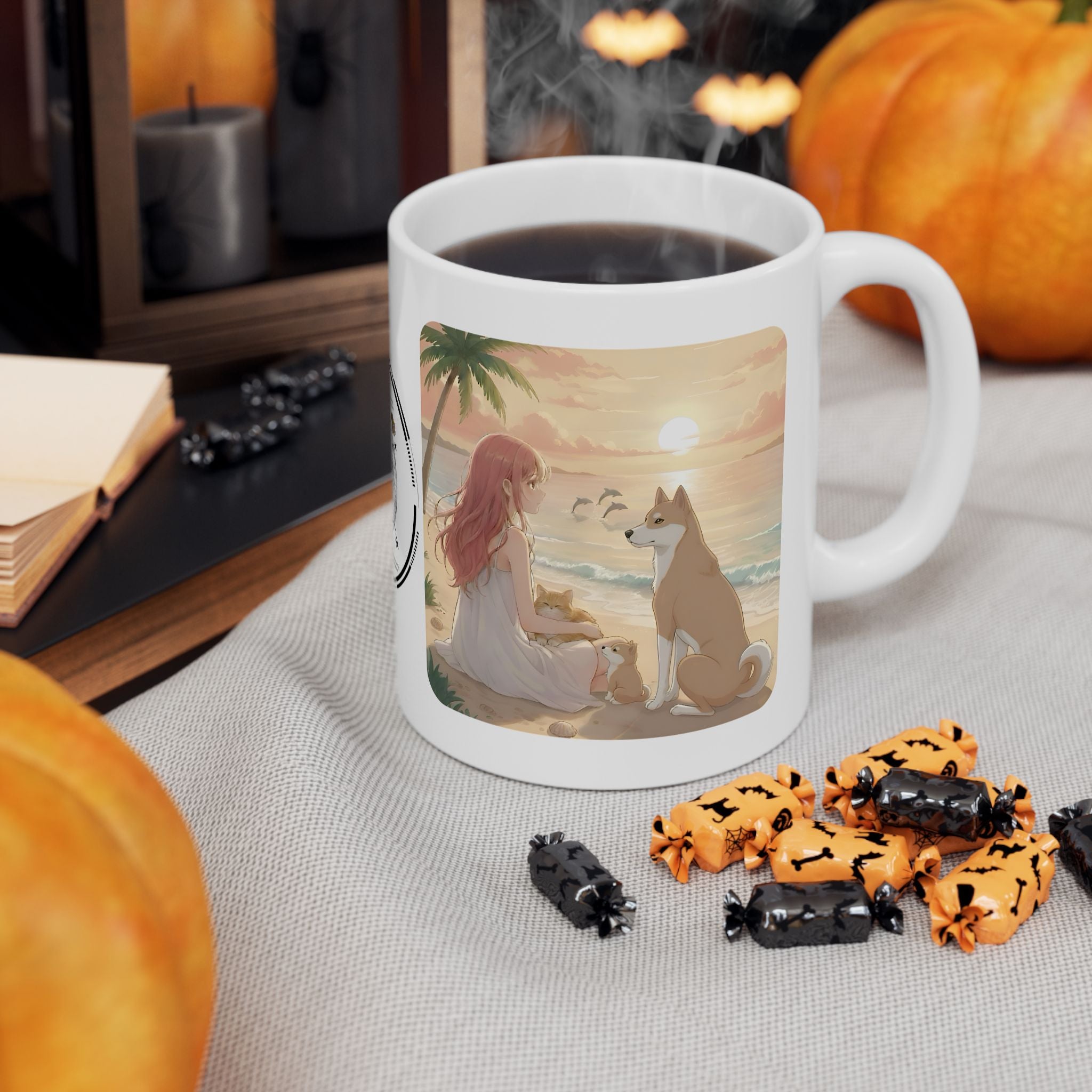 Shiba Inu Dog Orange Cat Sunset & Sunflower White Ceramic Mug — Peaceful Waves Anime Girl Boho Beach Vibes Cup (11oz, 15oz)