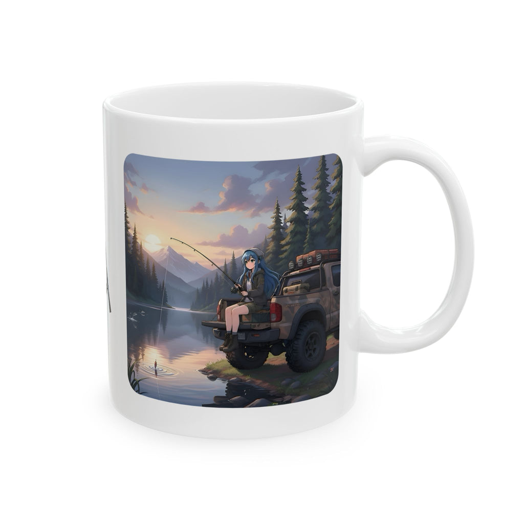 Cozy Anime Girl Tailgate Fishing Adventure White Ceramic Mug — Vintage Truck, Lake Sunrise Tea Cup (11oz/15oz)