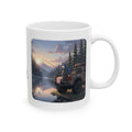 Cozy Anime Girl Tailgate Fishing Adventure White Ceramic Mug — Vintage Truck, Lake Sunrise Tea Cup (11oz/15oz)