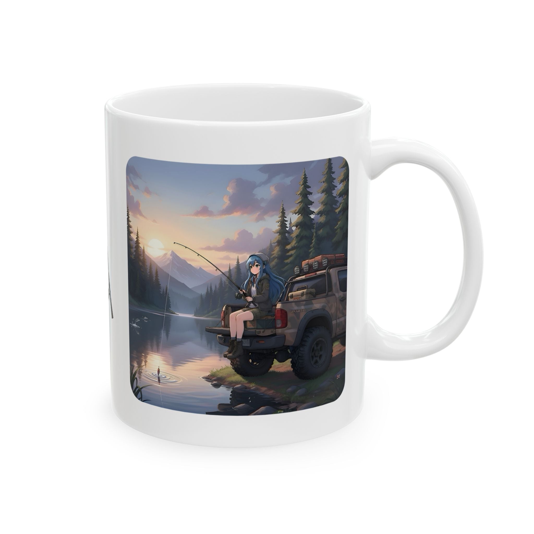 Cozy Anime Girl Tailgate Fishing Adventure White Ceramic Mug — Vintage Truck, Lake Sunrise Tea Cup (11oz/15oz)