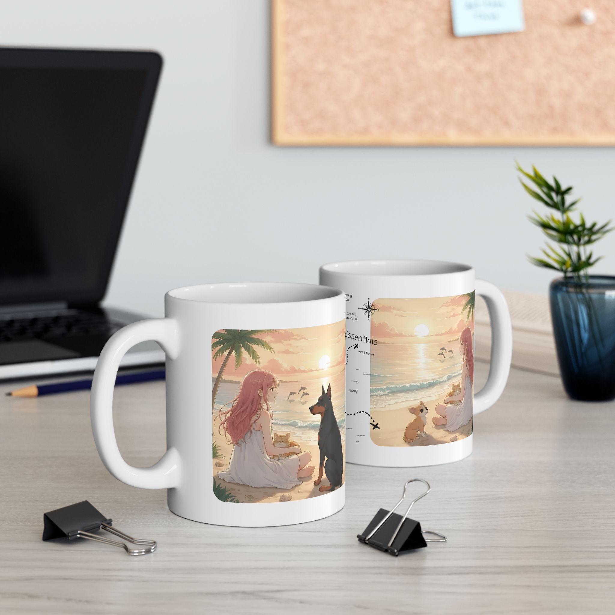 Doberman, Chihuahua & Orange Cat Coastal Vibe White Ceramic Mug, Cozy Sunset Beach Anime Girl Cup (11oz, 15oz)