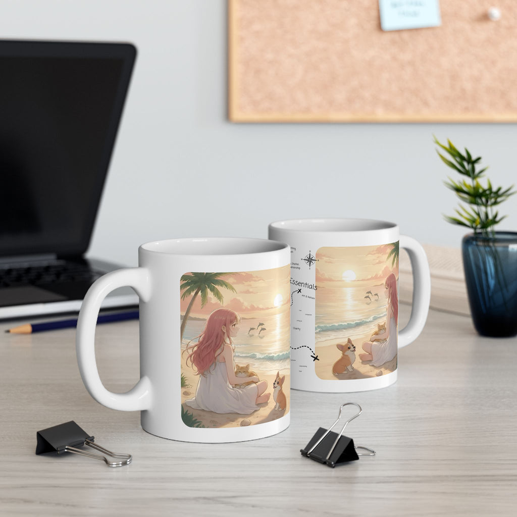 Cute Corgi Dog & Orange Cat Tropical Seascape White Ceramic Mug, Cozy Pembroke Welsh Corgi Mom on Beach Cup (11oz, 15oz)