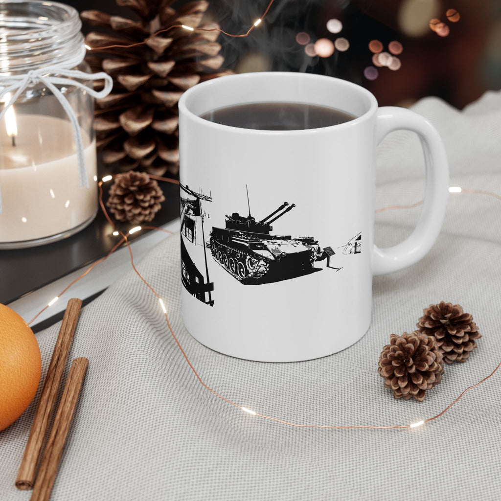 Harbor Panorama White Ceramic Mug — Black & White Maritime Port Cup (11oz, 15oz)