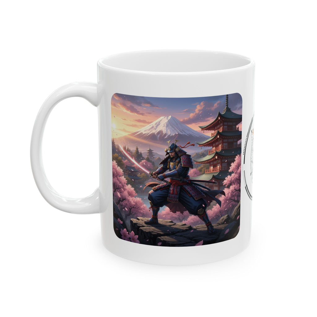 Japanese Samurai Cherry Blossom Love White Ceramic Mug (11oz/15oz),The Serene Path Mount Fuji Sunset Cup