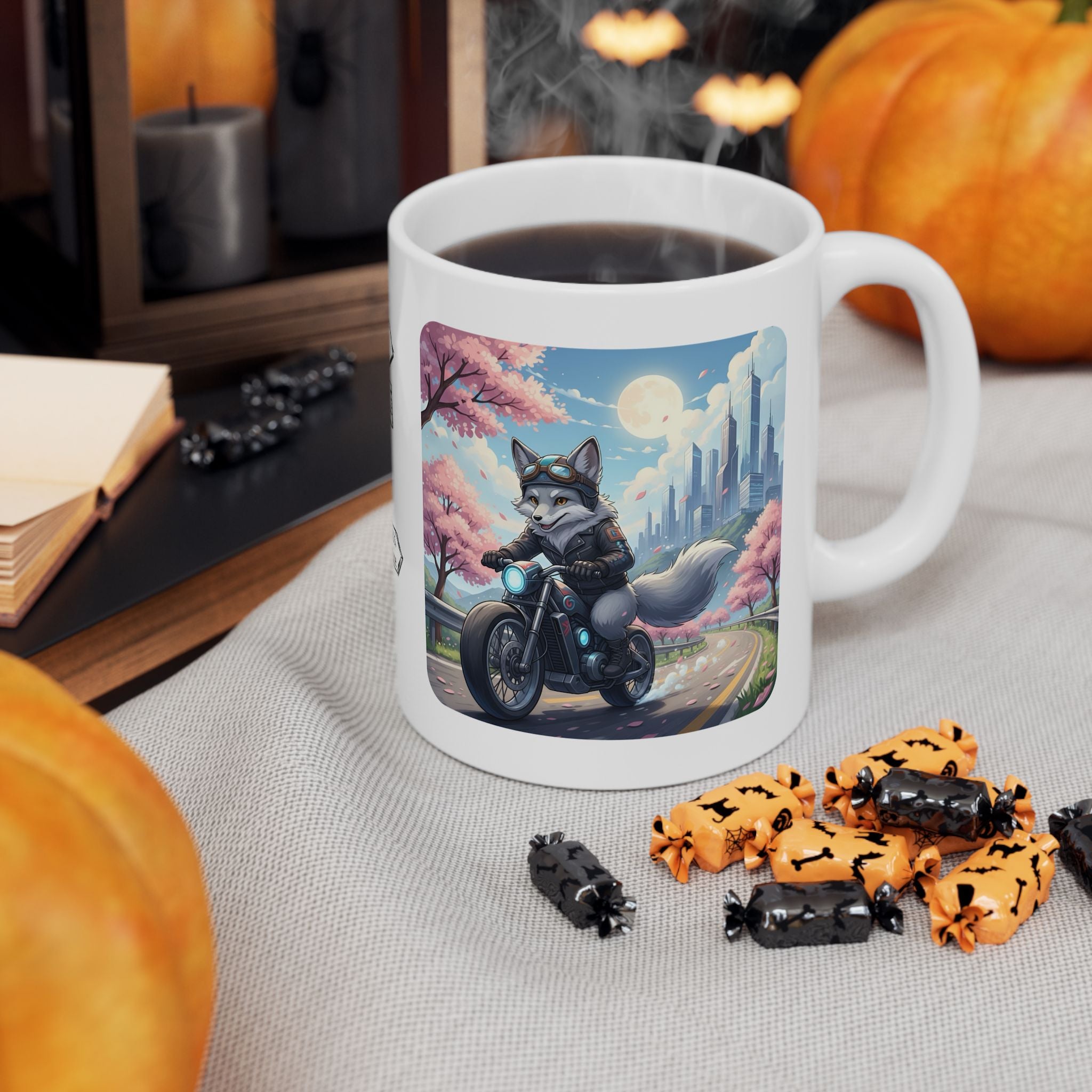 Kawaii Gray Fox Biker Wild & Free White Ceramic Mug — Sip & Ride Fox Moto Joy Cup, 11oz & 15oz