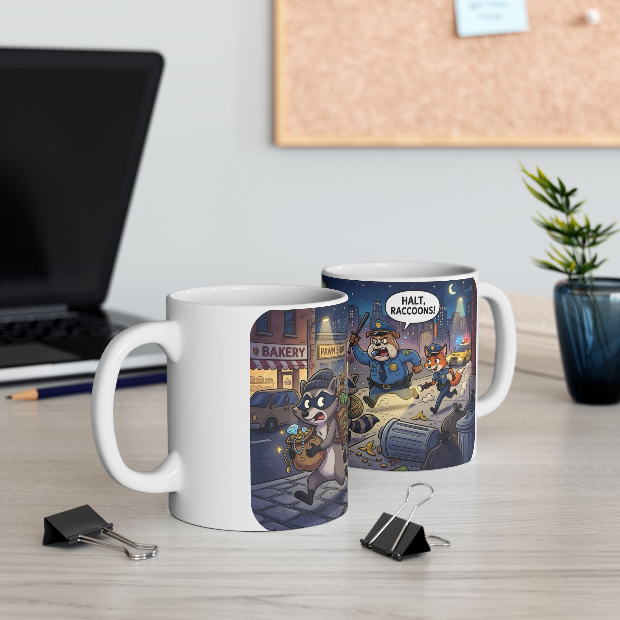 Rambunctious Ringtails White Ceramic Mug — Funny Raccoon Heist Night Scene Cup (11oz, 15oz)