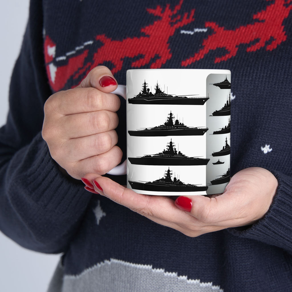 Tactical Battleship Silhouettes White Ceramic Mug — Naval Maritime Warships Cup (11oz & 15oz)
