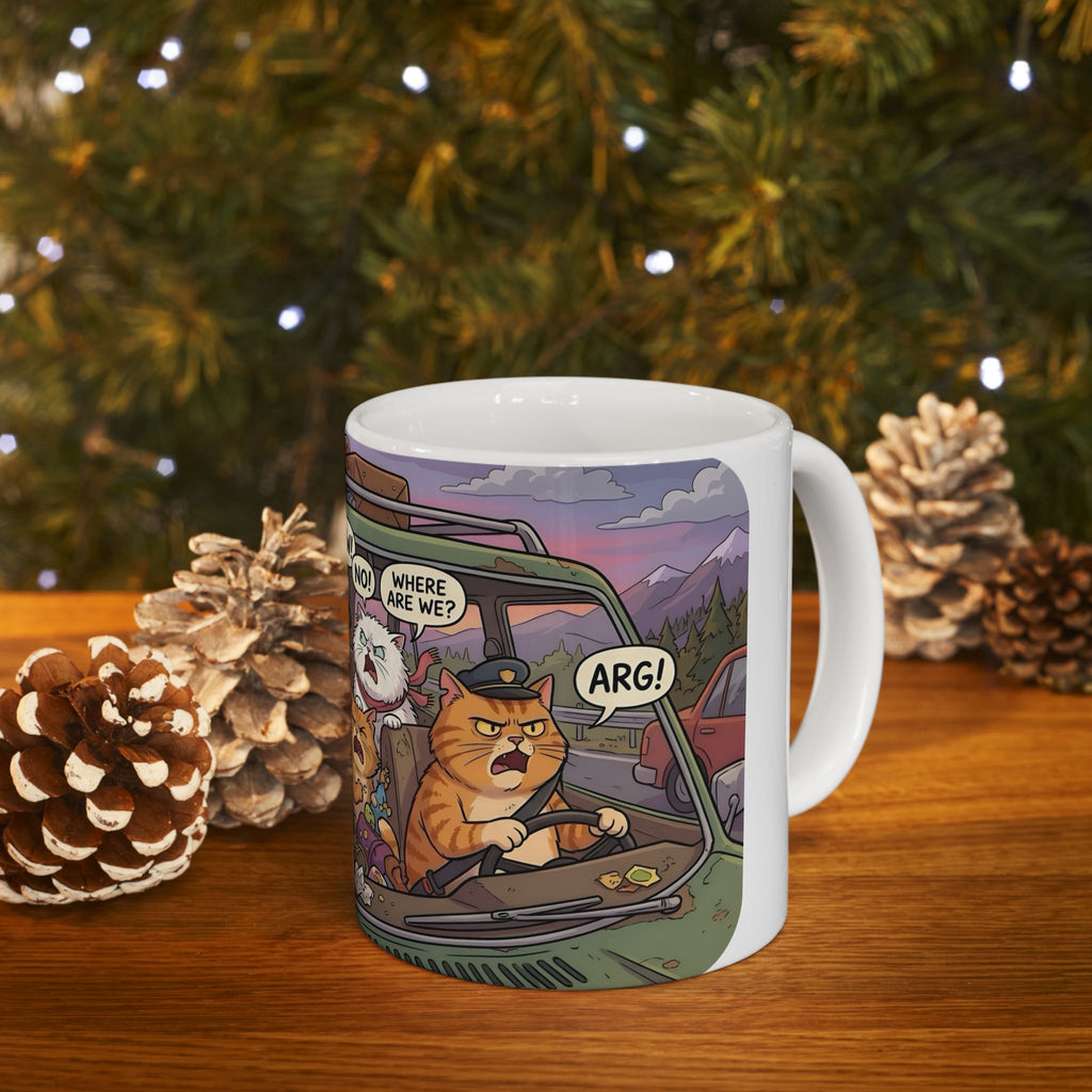 Squabbling Cats On A Road Trip White Ceramic Mug (11oz/15oz), Funny Cat'n Get Along Cup