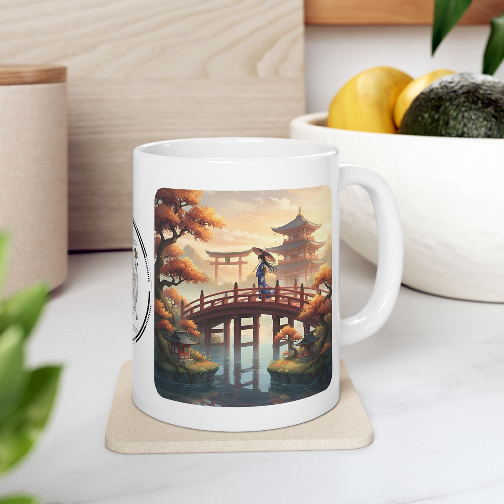 Japanese Samurai Cherry Blossom Love White Ceramic Mug (11oz/15oz),The Serene Path Mount Fuji Sunset Cup