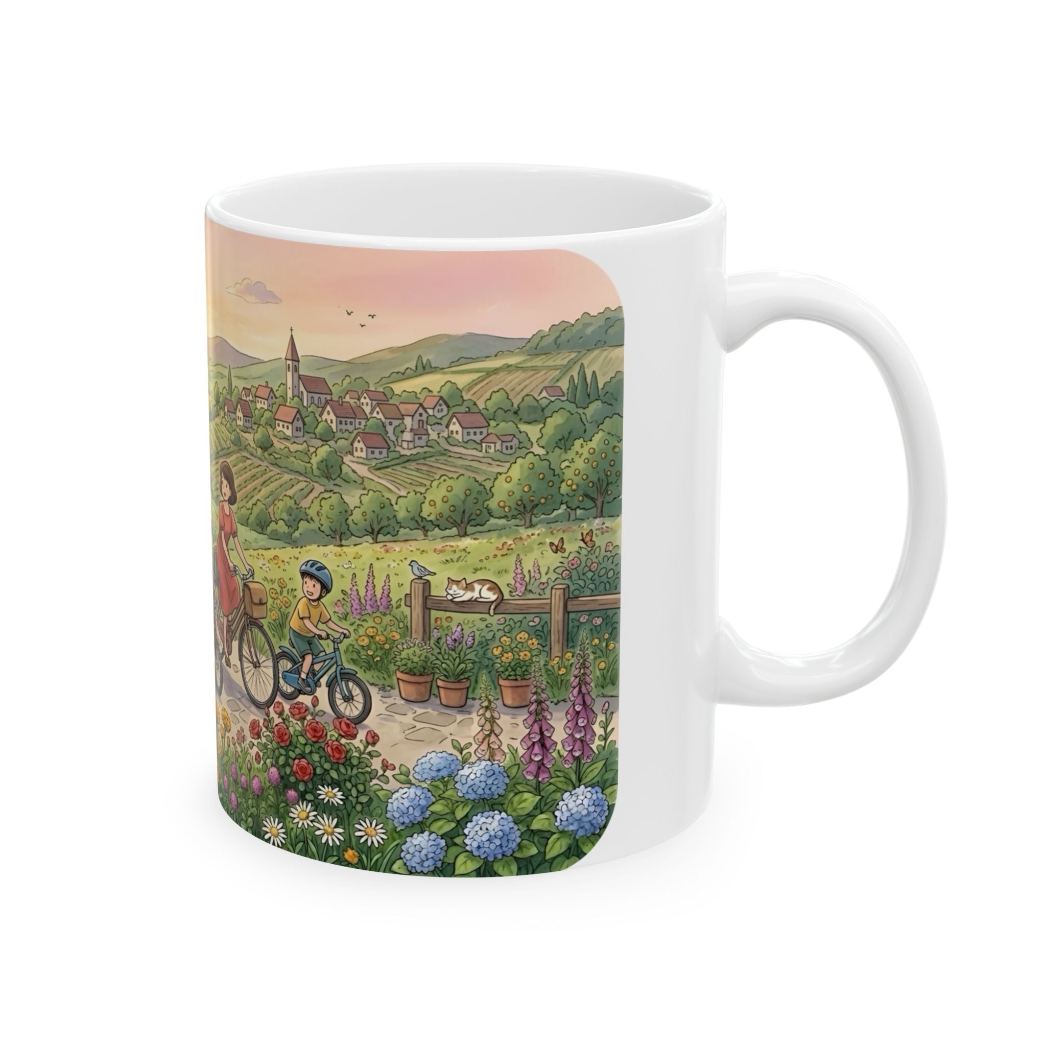 Scenic Family Bike Ride White Ceramic Mug – Countryside Morning Together Cup (11oz & 15oz)