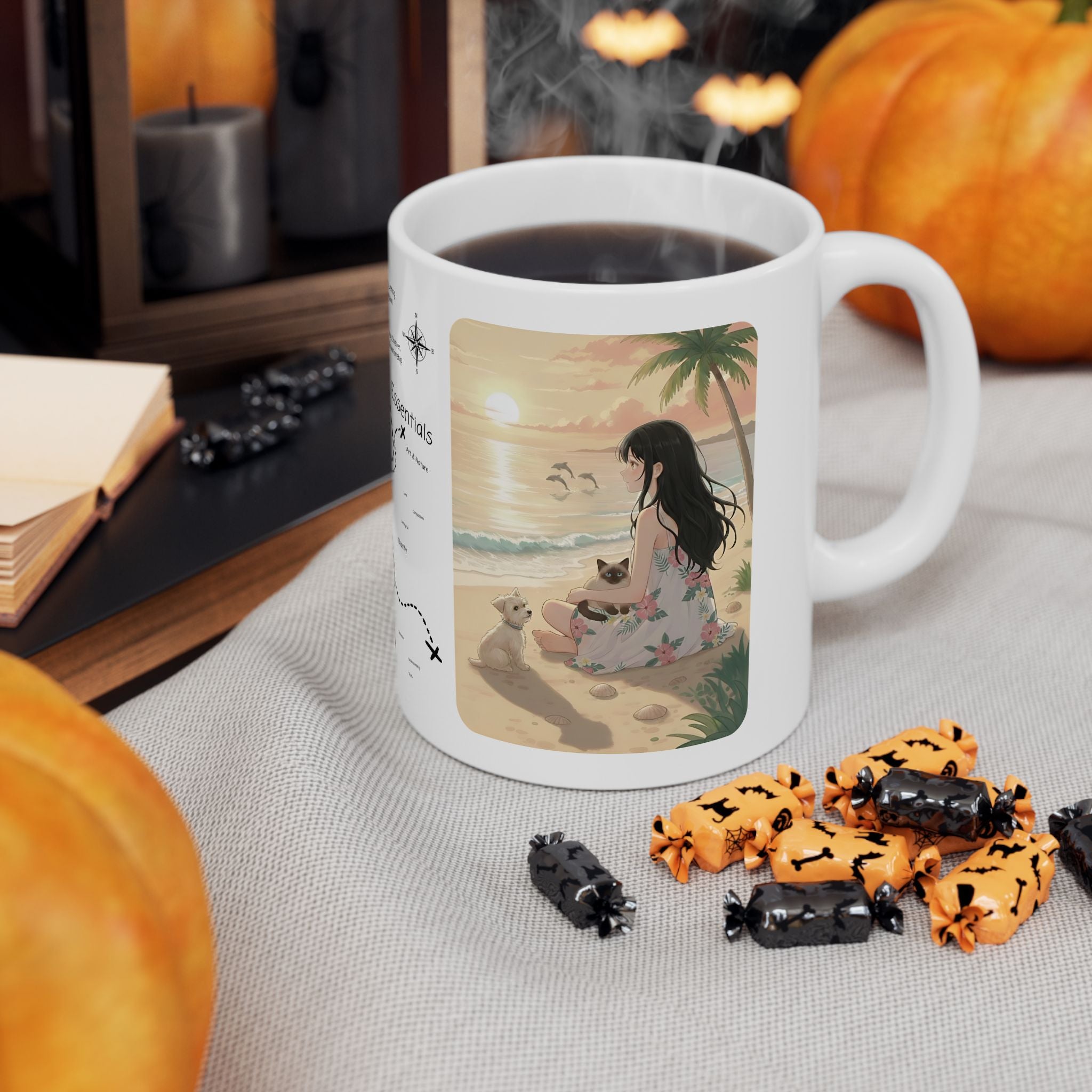 West Highland Terrier Dog, Siamese and Tabby Cats Coastal Decor White Ceramic Mug, Cozy Tropical Seascape Anime Girl Sunset Cup (11oz, 15oz)