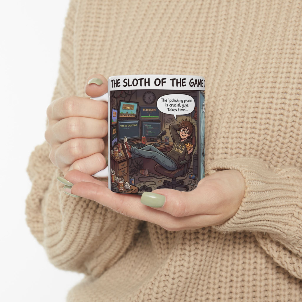 Humorous Game Developer White Ceramic Mug — 'The Life of the Indie Game Dev' Tea Cup (11oz/15oz)