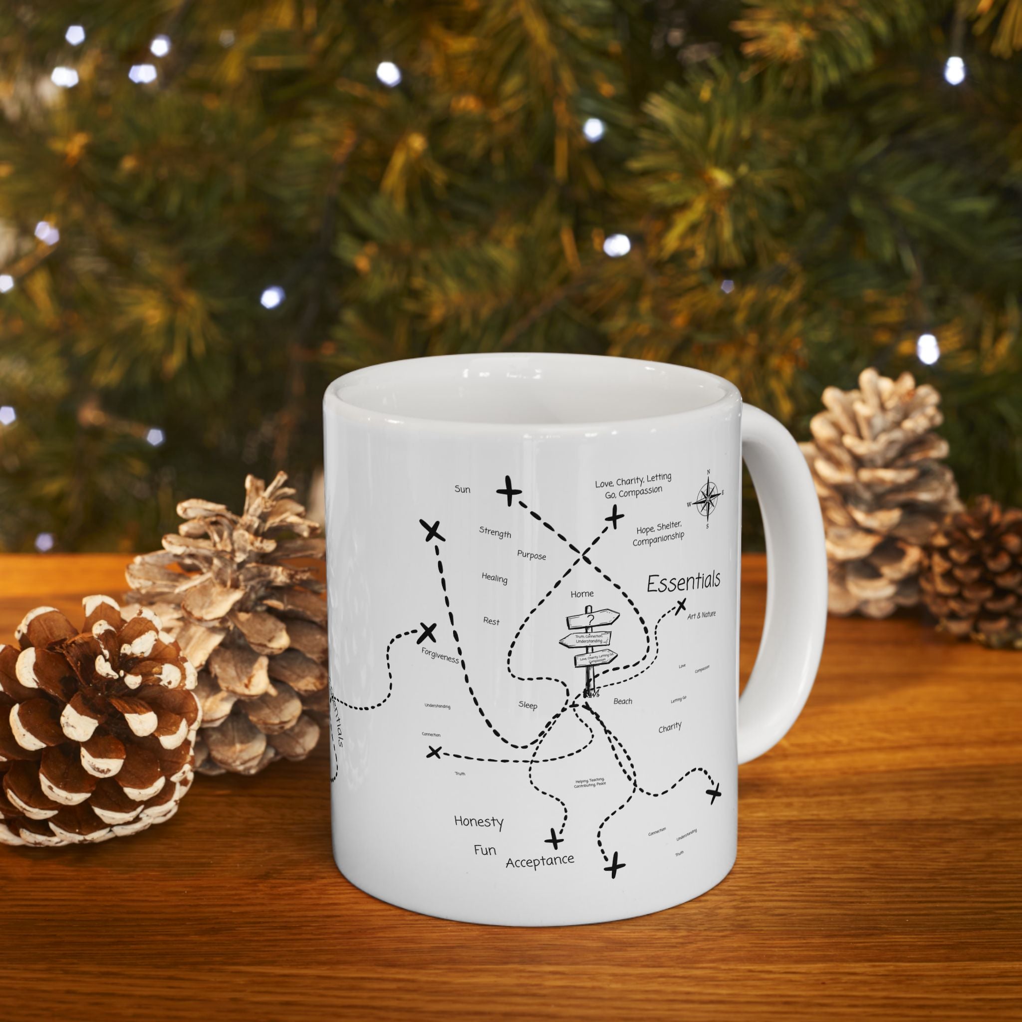 The Essentials Adventure Map #1 White Ceramic Mug — Nautical Compass Life & Treasure Trail Cup (11oz/15oz)