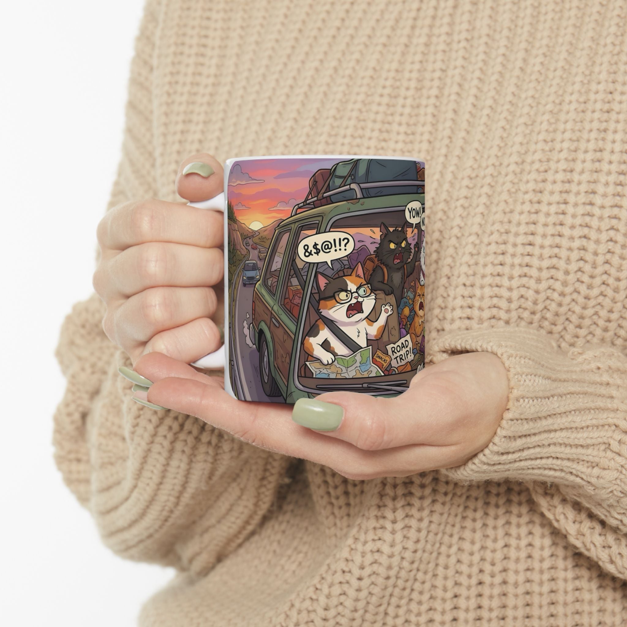 Squabbling Cats On A Road Trip White Ceramic Mug (11oz/15oz), Funny Cat'n Get Along Cup