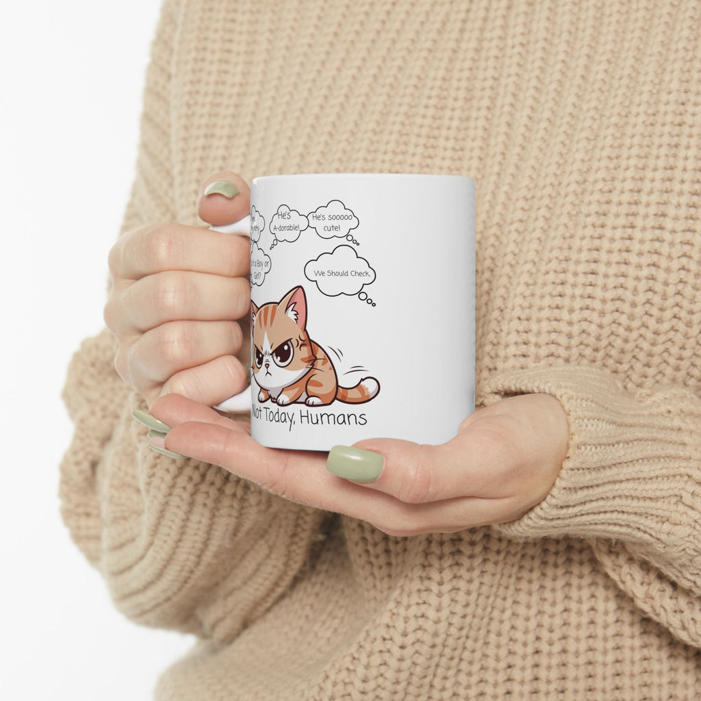 "Not Today, Humans" Grumpy Kitty White Ceramic Mug,  “Not Your Purr-son” Sassy Tea Cup (11oz & 15oz)
