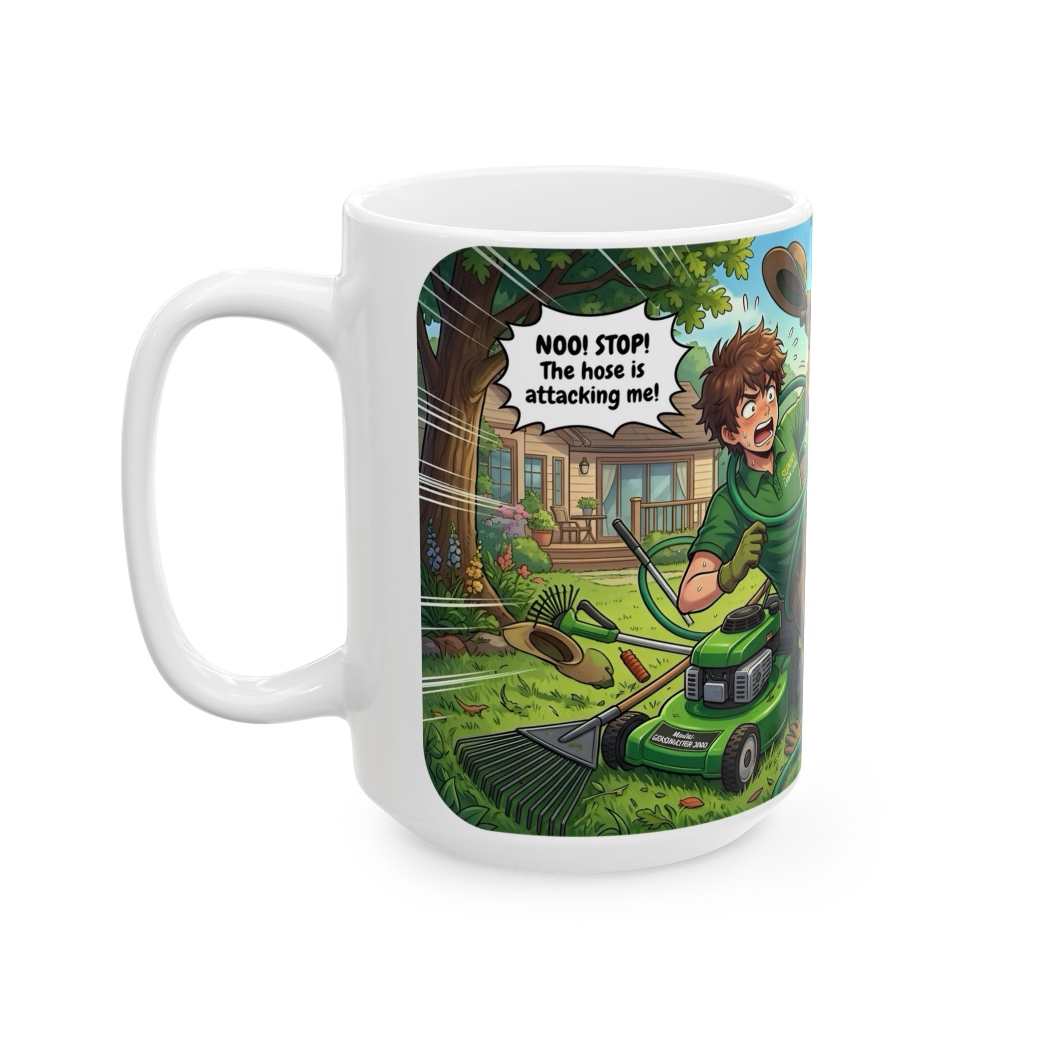 Funny Sunny Lawn Care White Ceramic Mug — Garden Hose Backyard Mishap Cup (11oz/15oz)