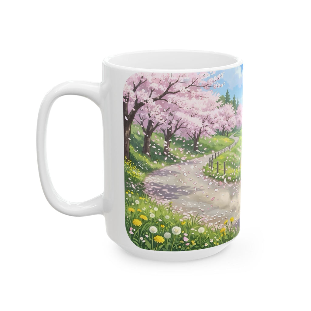 A Quiet Moment of Escape White Ceramic Mug — Sunlit Spring Sakura Cycling Cup (11oz, 15oz)