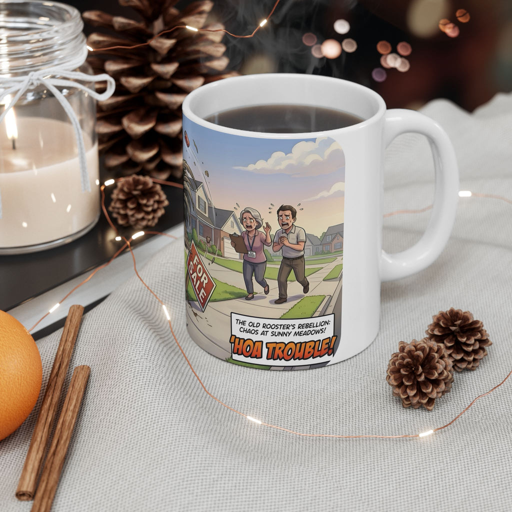 Rooster Rebellion White Ceramic Mug – Funny Morning HOA Trouble Cup (11oz/15oz)