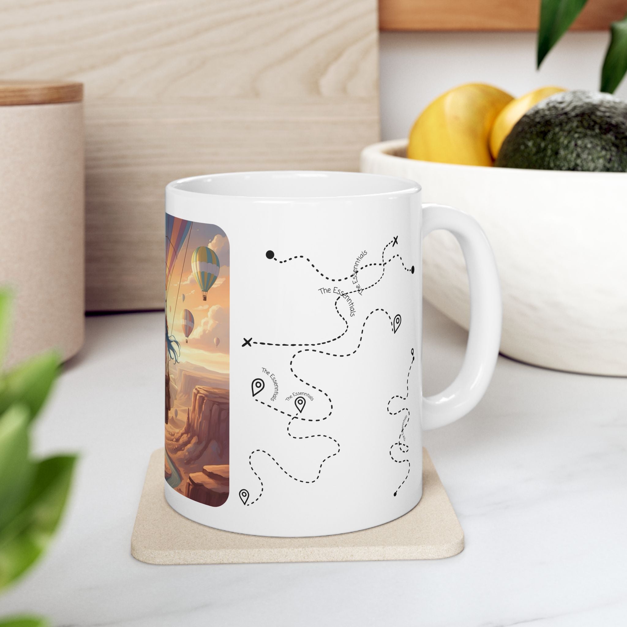 Joyful Friendship Landscape, Colorful Balloon Adventure White Ceramic Mug — True Wealth, Adventure, & Creativity Cup (11oz/15oz)