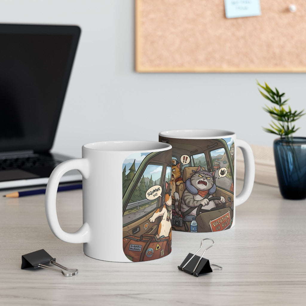 Angry Cats On A Road Trip White Ceramic Mug — Funny Kitty Crew Travel Cup (11oz, 15oz)