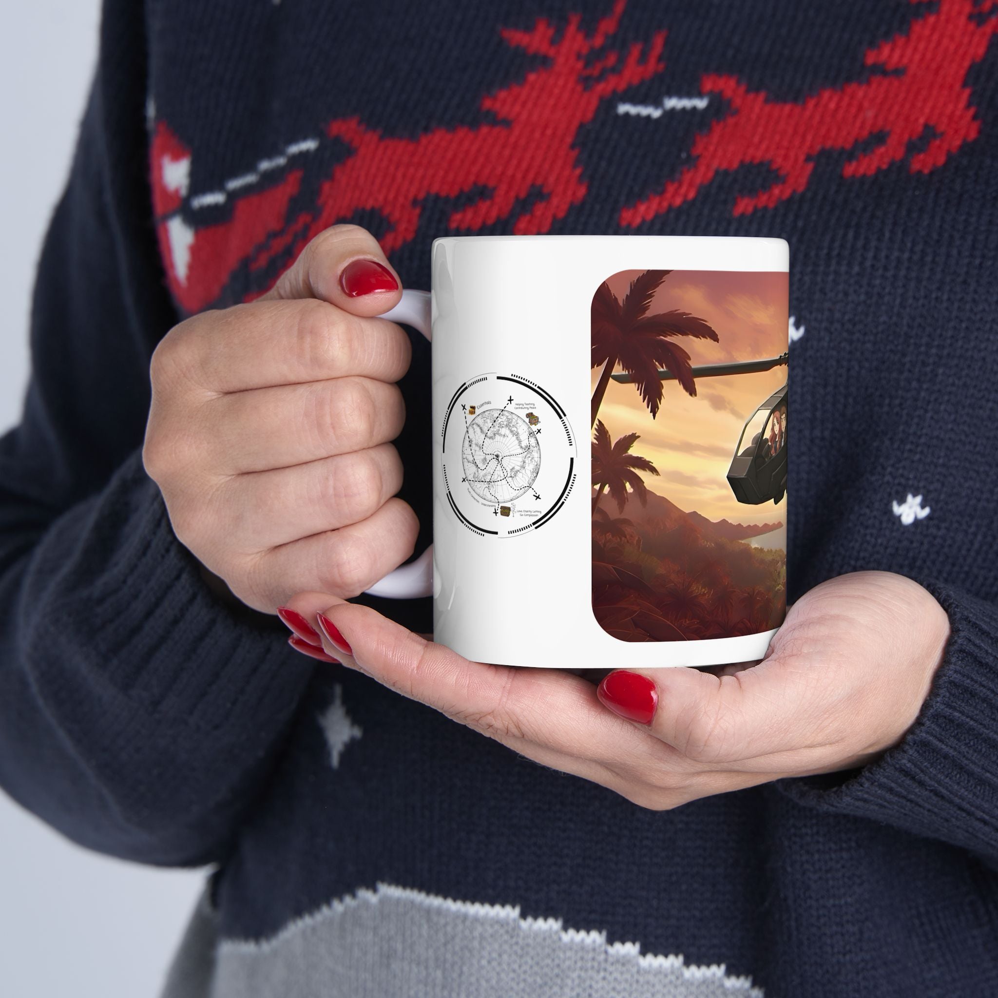 Anime Helicopter Adventure #2 Sunset Beach White Ceramic Mug – Celebrating Companionship, Creativity & Life’s Little Wonders Cup (11oz/15oz)