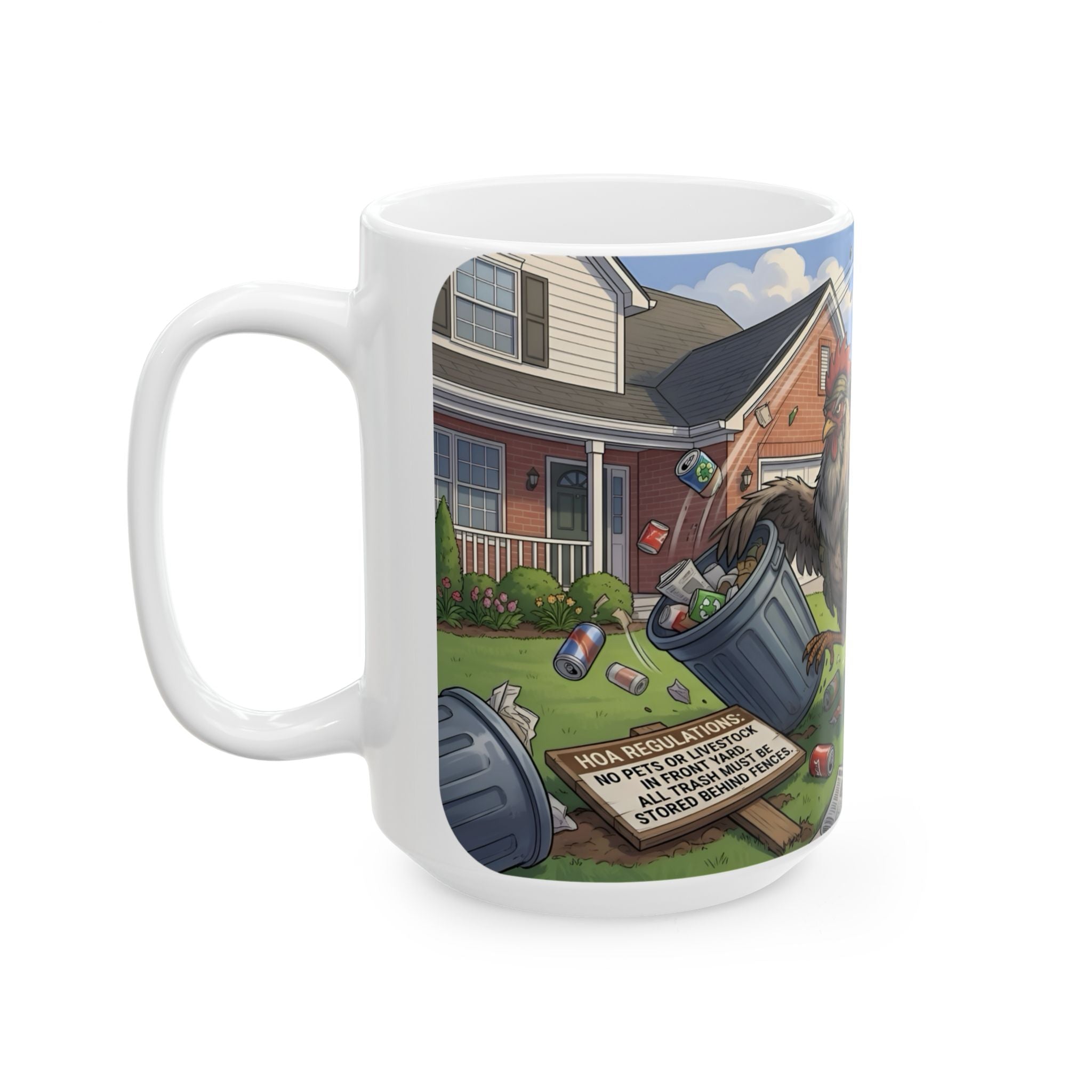 Rooster Rebellion White Ceramic Mug – Funny Morning HOA Trouble Cup (11oz/15oz)