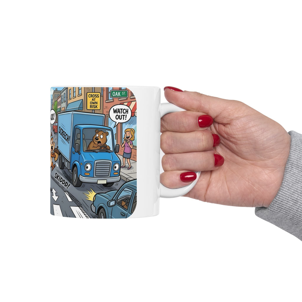 Nutsy's Crossy Road White Ceramic Mug – Adventurous Squirrel Crossing Cup (11oz/15oz)