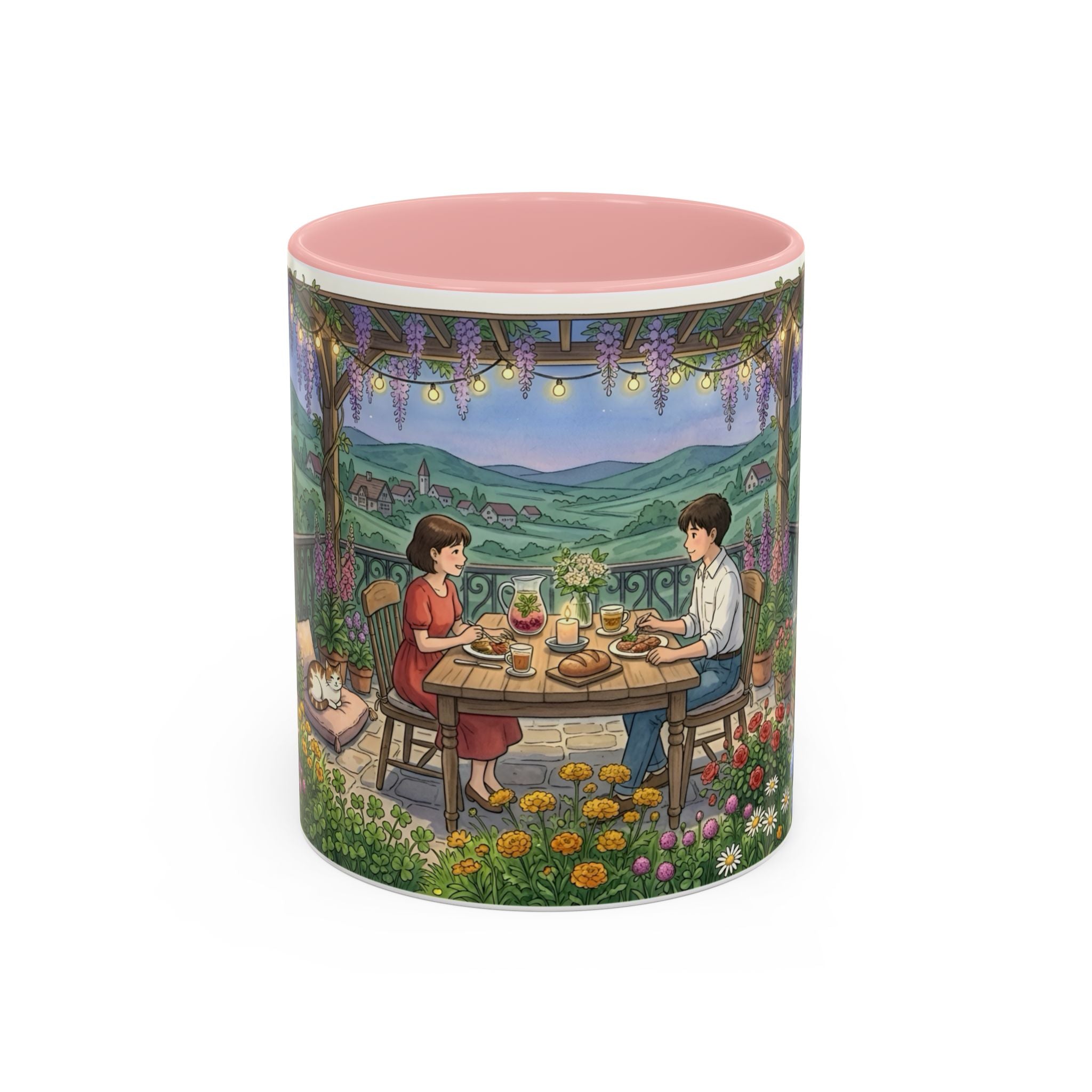 Cozy Romantic Garden Dinner Ceramic Mug — Couples Outdoor Bistro Cup (11 oz, 15 oz)