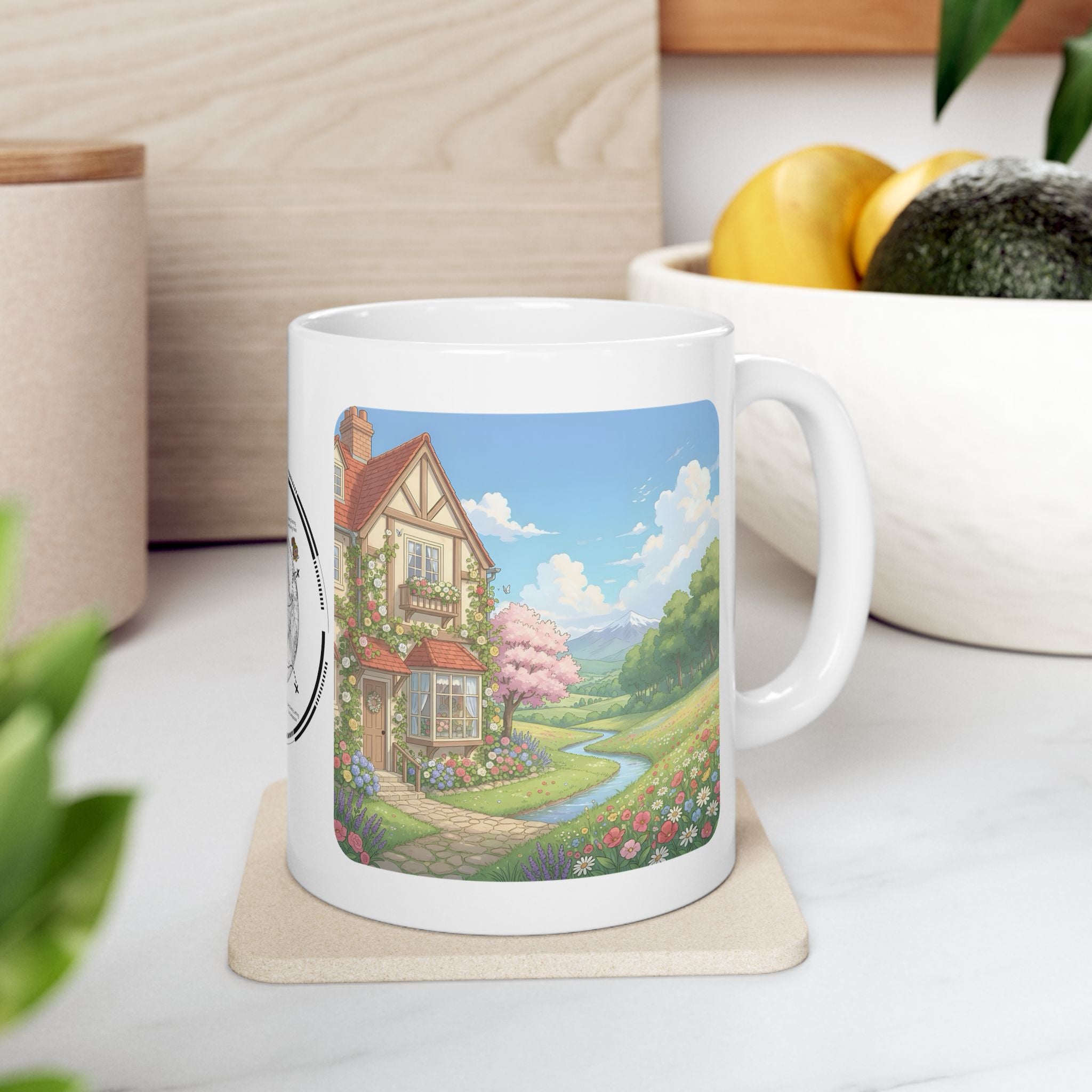 Kawaii English Garden Wildflower Meadow White Ceramic Mug — Cherry Blossom RV Camping Village Cup (11oz/15oz)
